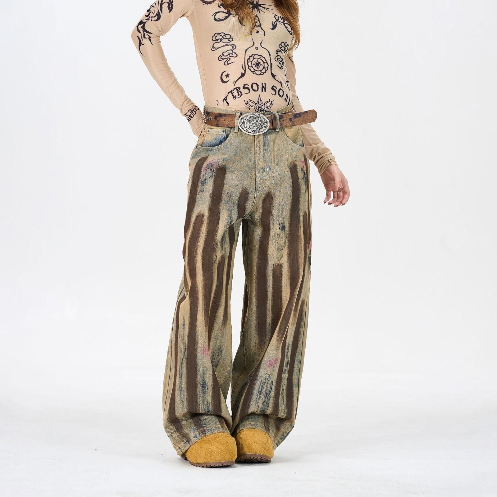 Vintage Brown Tie-Dye Wide Leg Jeans, Baggy Denim Pants Size 27" / US 4 / IT 40 - 2 Thumbnail