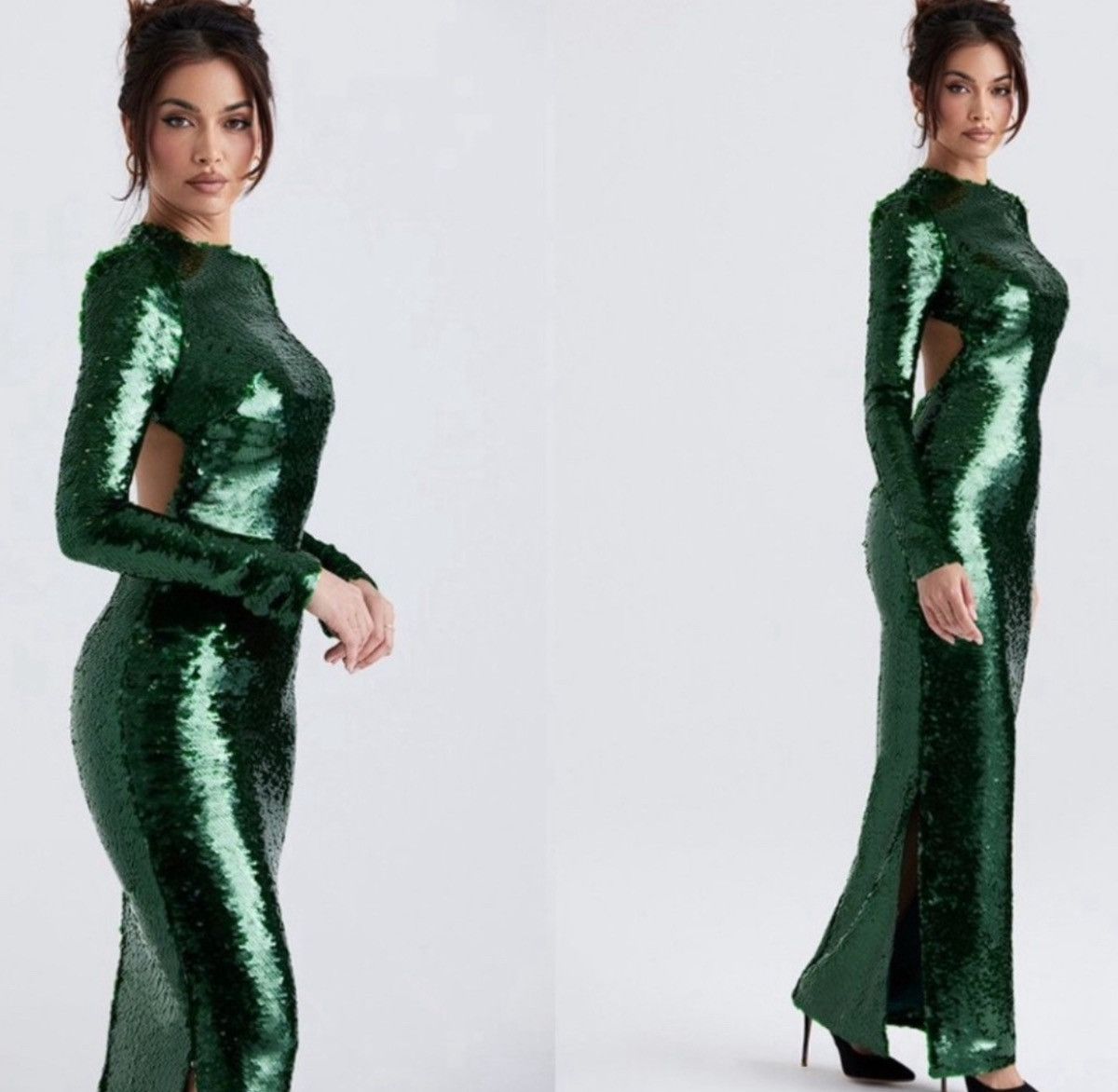 House of CB NWT House of CB Belle Green Sequin Open Back Maxi Dress Sz S |  Grailed