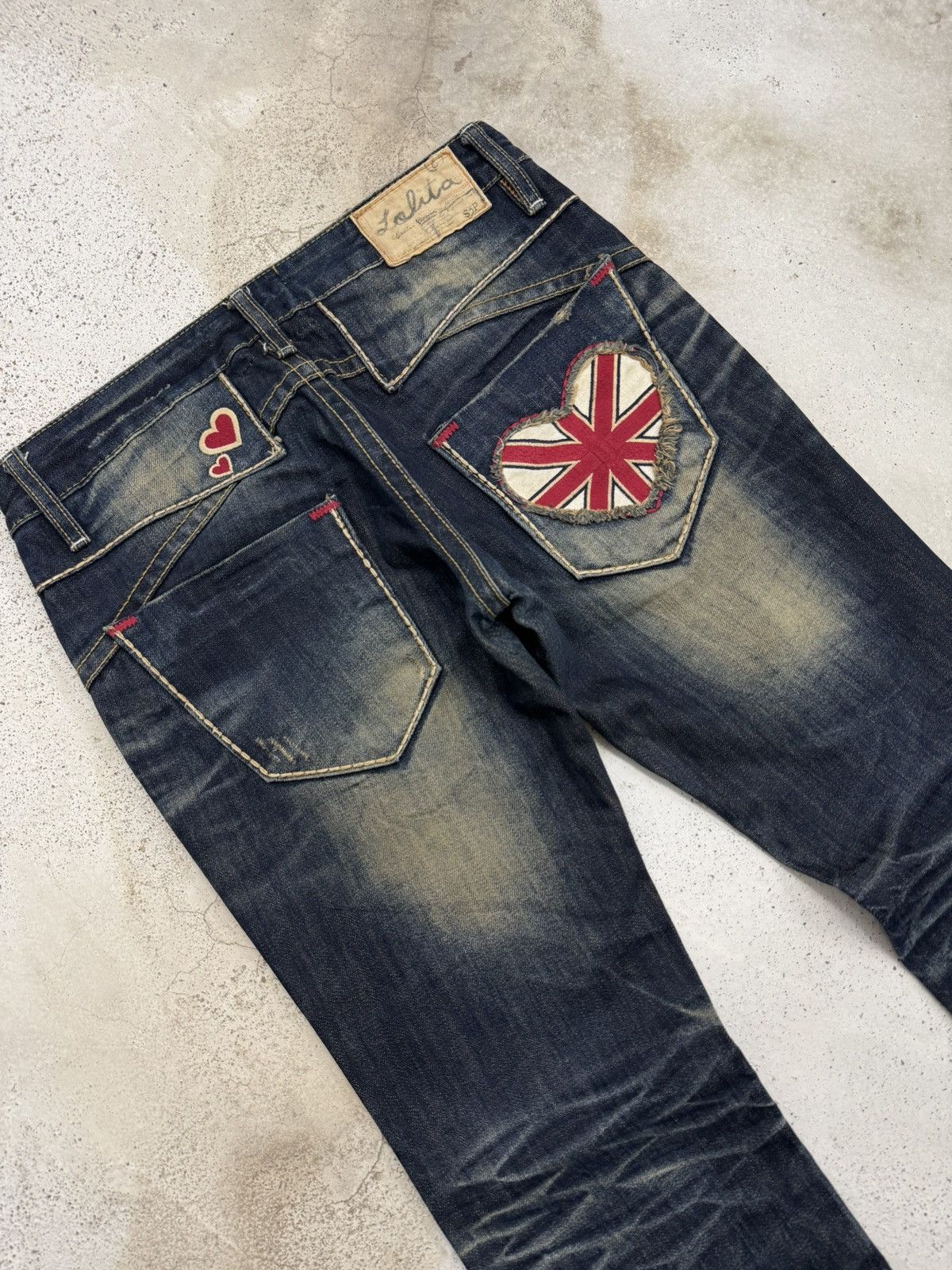 Japanese Brand Lolita Dark Mudwash Whisker Embroidery Flare Denim Pants Size US 27 - 12 Thumbnail
