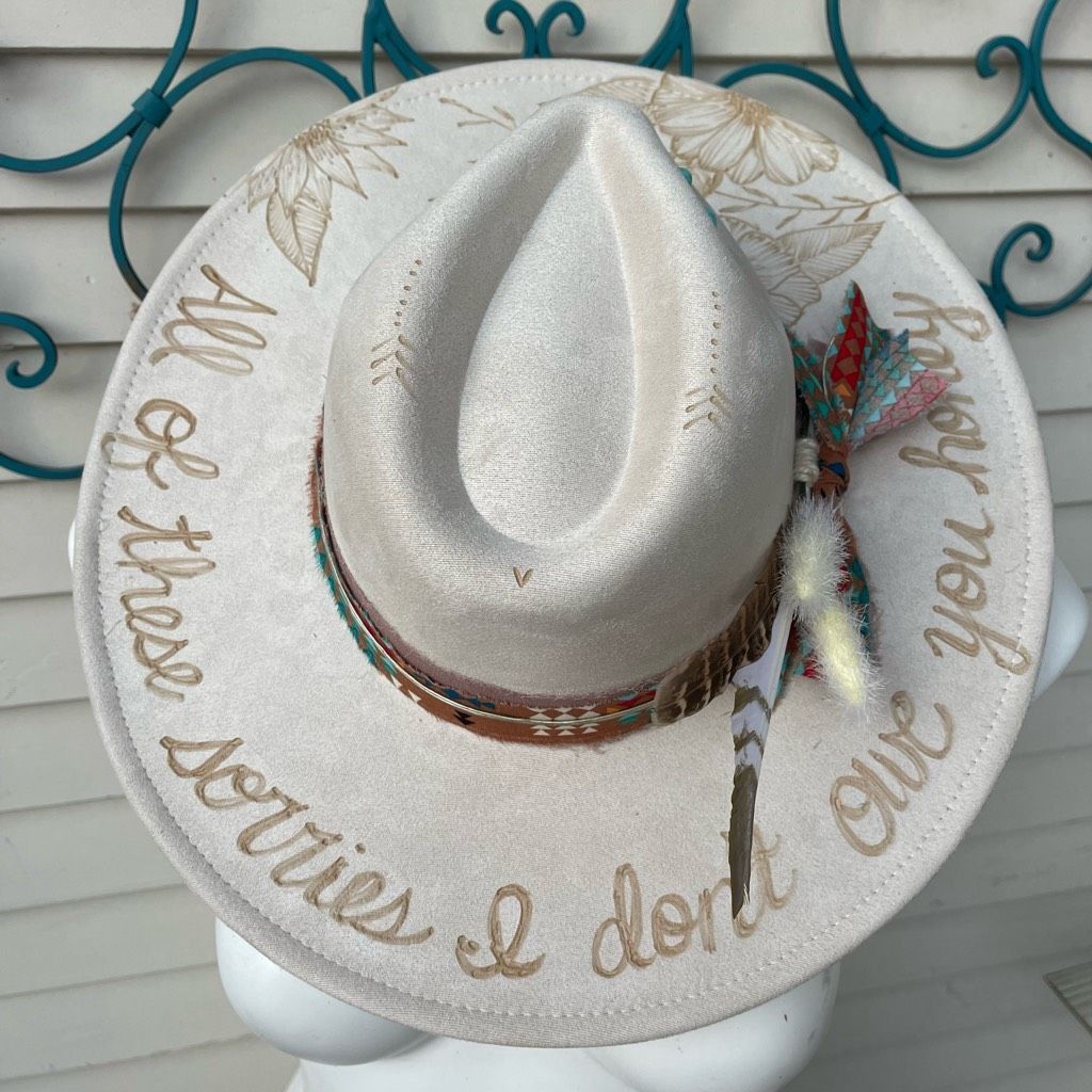 image of Handcrafted Hand Burned Hat | Wide Brim Hat | Branded Hat | Wildflowers Faux Suede Hat | All Of The