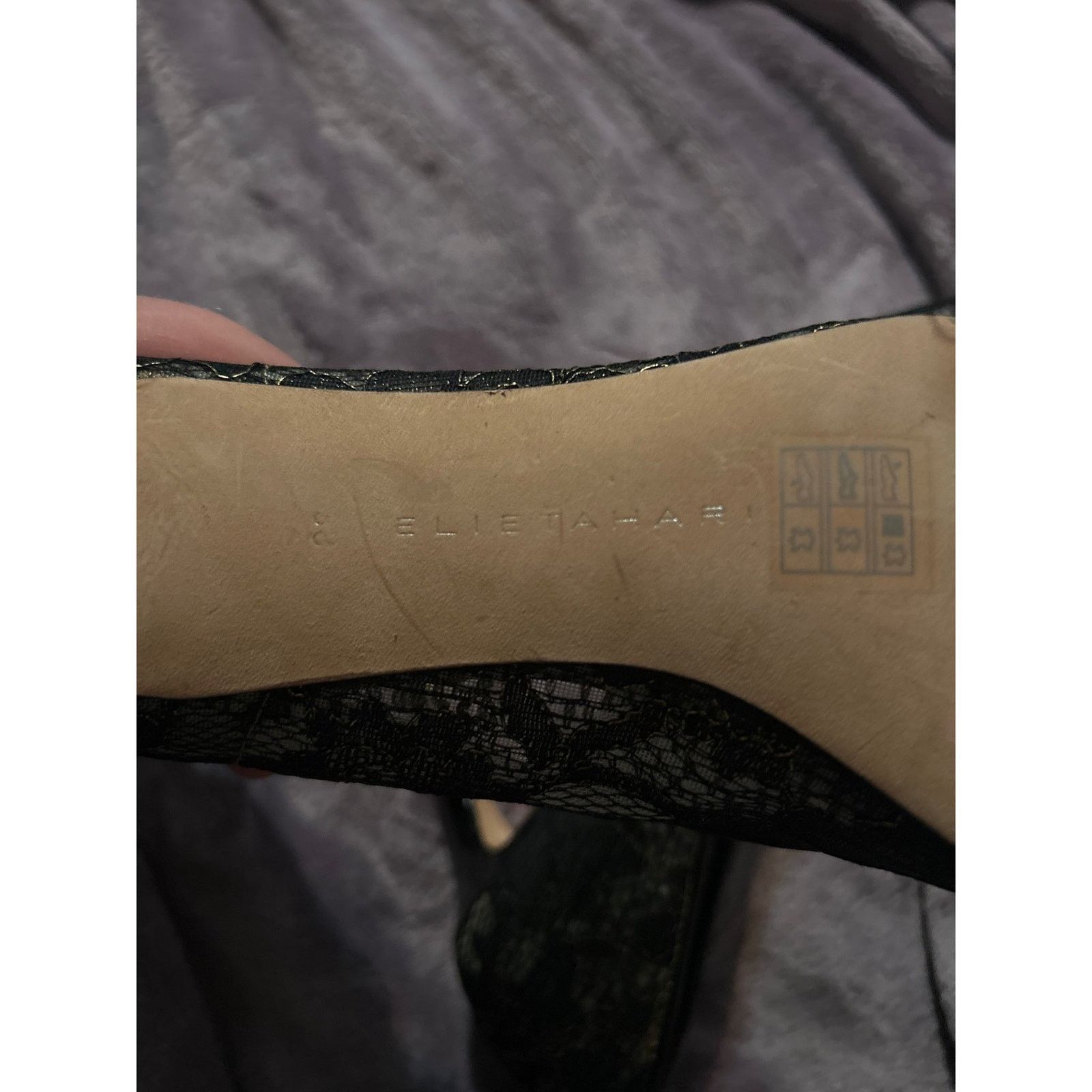 Elie Tahari Pointed Toe Heels Black With Gold Trim Lace Pump