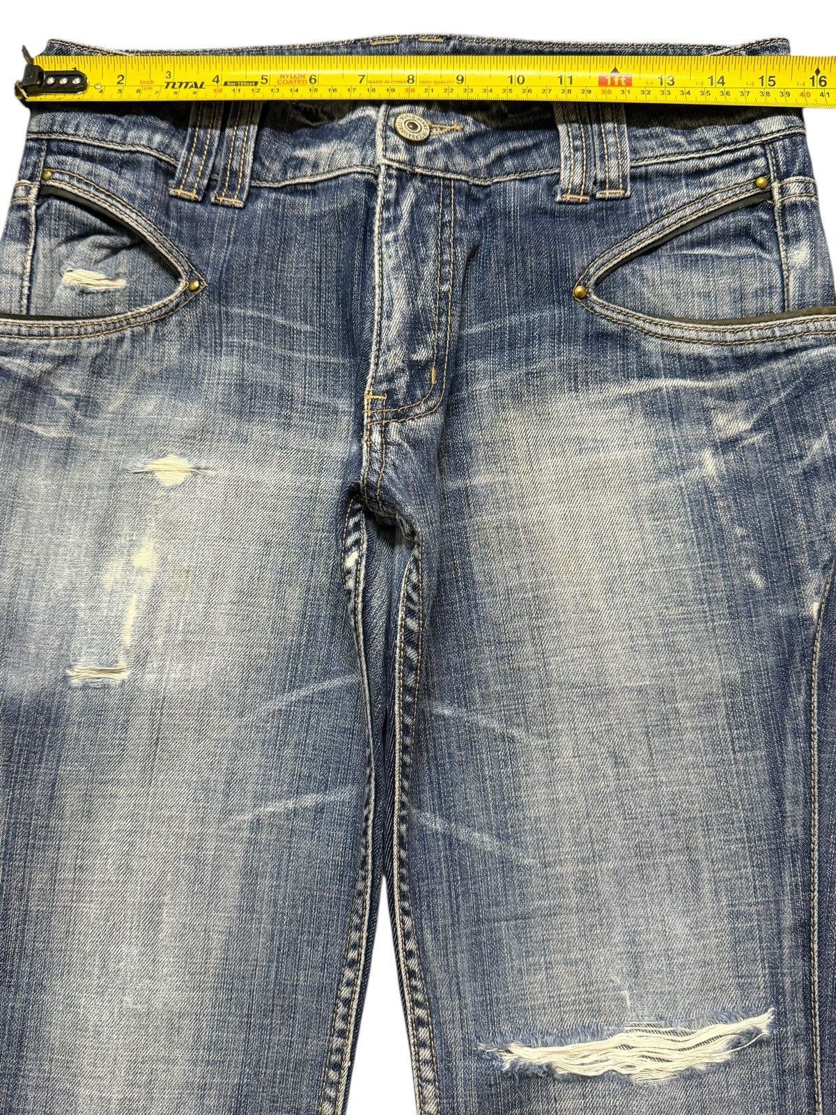 If Six Was Nine Vintage Michel Klein Blue Faded Wash Distress Wide Leg Flare Size US 30 / EU 46 - 12 Thumbnail