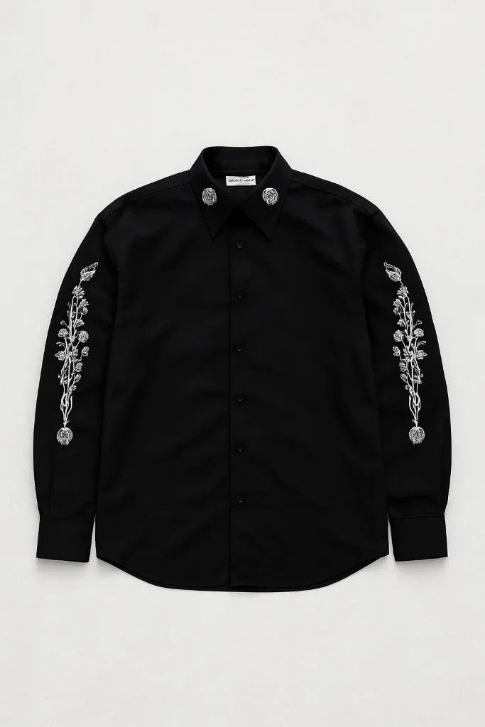 Japanese Brand CLOCKHOUSES Black Embroidered Floral Long Sleeve Button ...