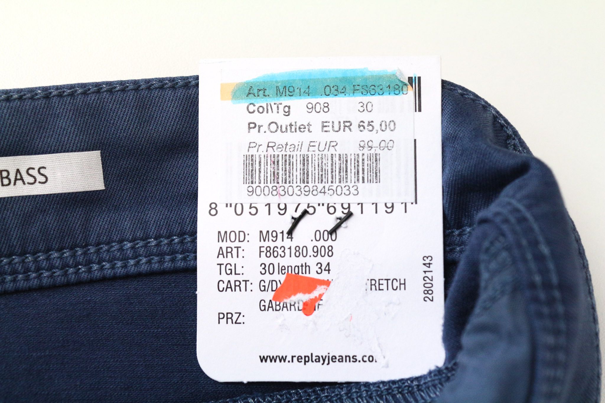 Replay ANBASS W30/L34 Slim Fit Blue Cotton Stretch Trousers 75375 Size US 30 / EU 46 - 5 Thumbnail