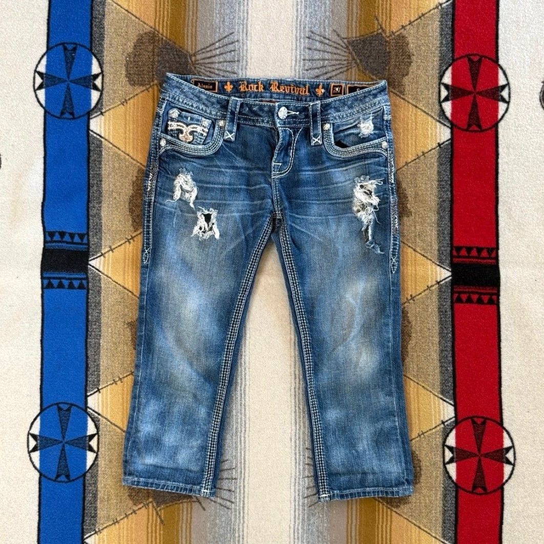 Vintage Rock Revival Alexia Capri Jeans Women's Size 27 Blue Wash Denim Low Stretch Flaps Regular Size 27" / US 4 / IT 40 - 2 Thumbnail