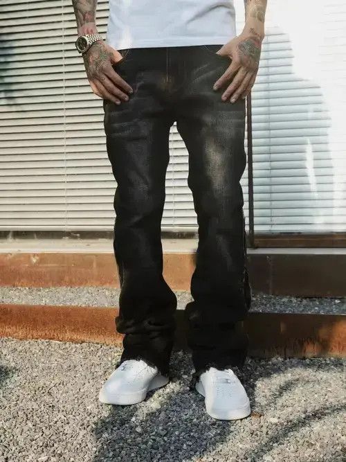 Paint Splatter Brown Stacked Denim Jeans