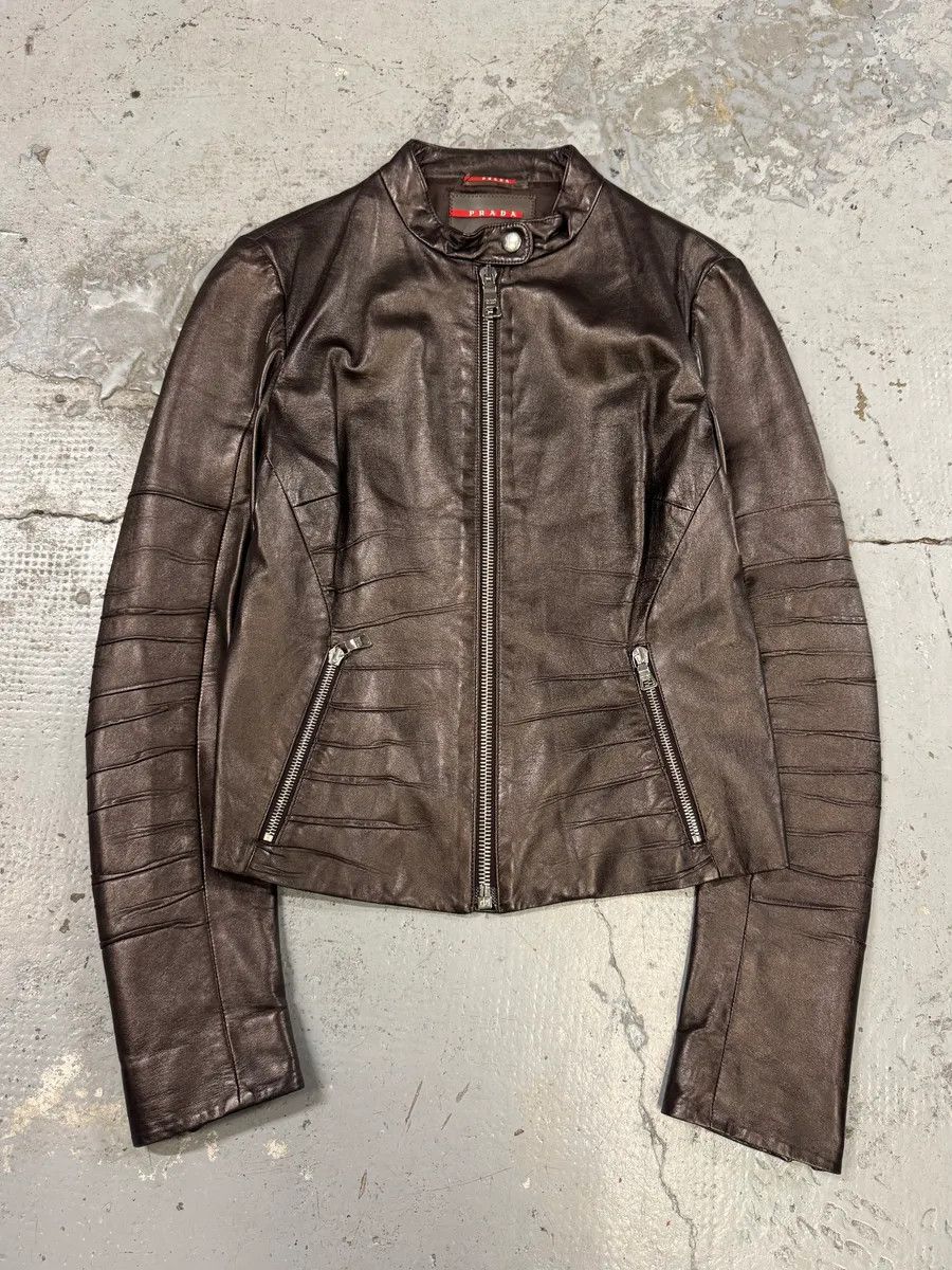 Prada AW2008 Prada Brown Plissed Leather Biker Jacket Size M / US 6-8 / IT 42-44 - 1 Thumbnail