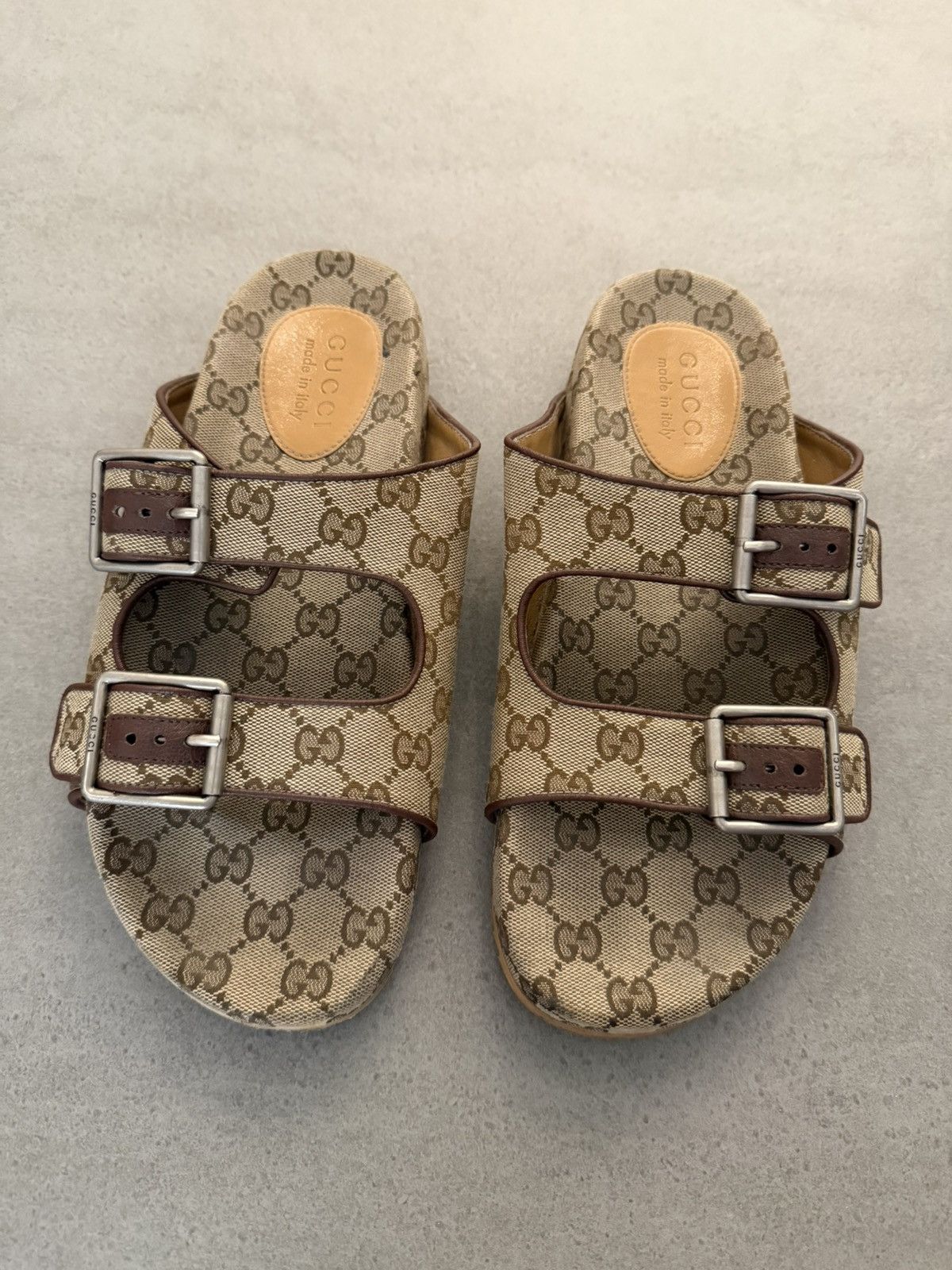 Gucci Canvas Double Strap Slides Beige Brown Size 8 (EU 42)