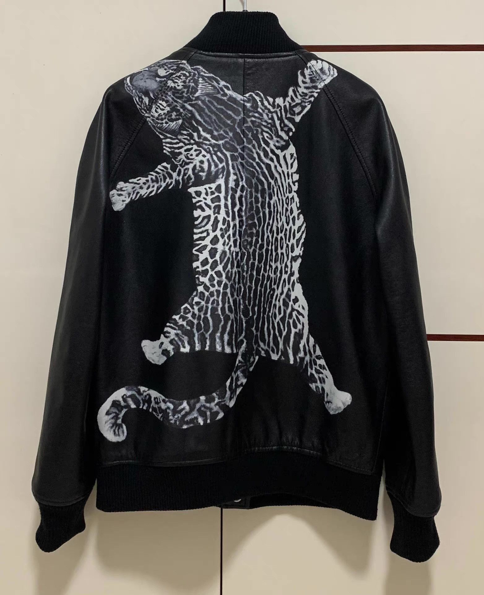 Saint Laurent Paris Black Leather Bomber Jacket with Leopard Print Back - M Size US M / EU 48-50 / 2 - 1 Thumbnail