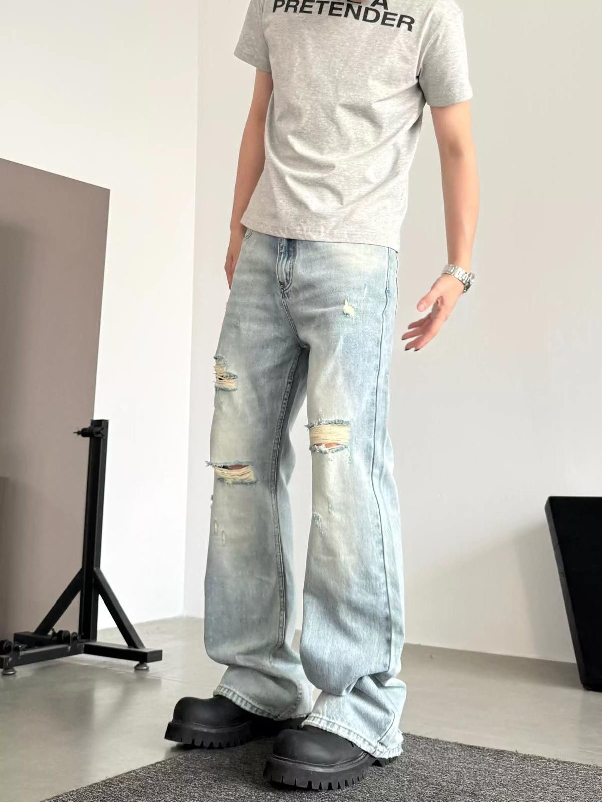 Jean Light Blue Ripped Micro Flare Jeans Size US 30 / EU 46 - 2 Thumbnail