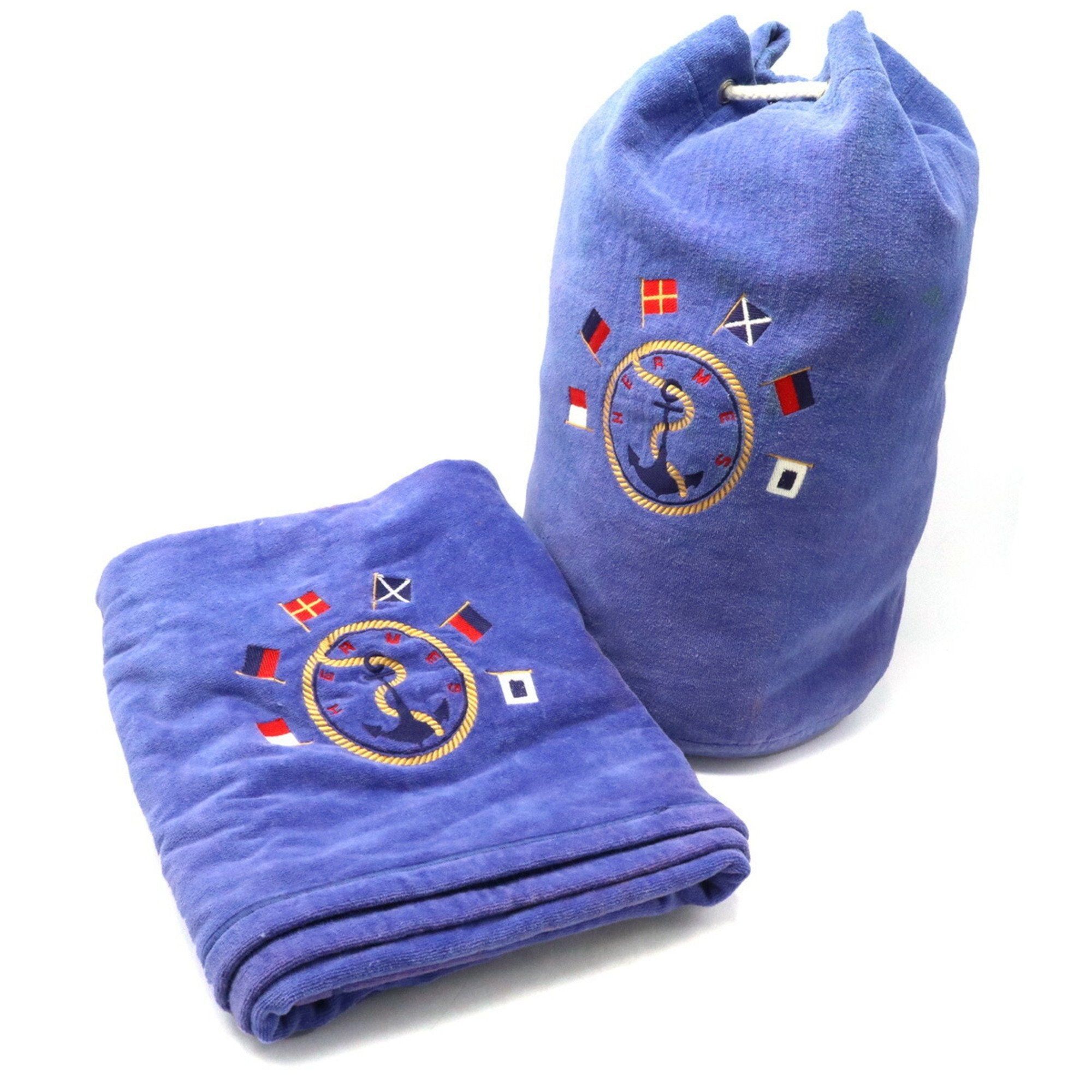 image of Hermes Bath Towel Bag Set Marine Embroidery 100% Cotton Pile Purple Blue, Women's