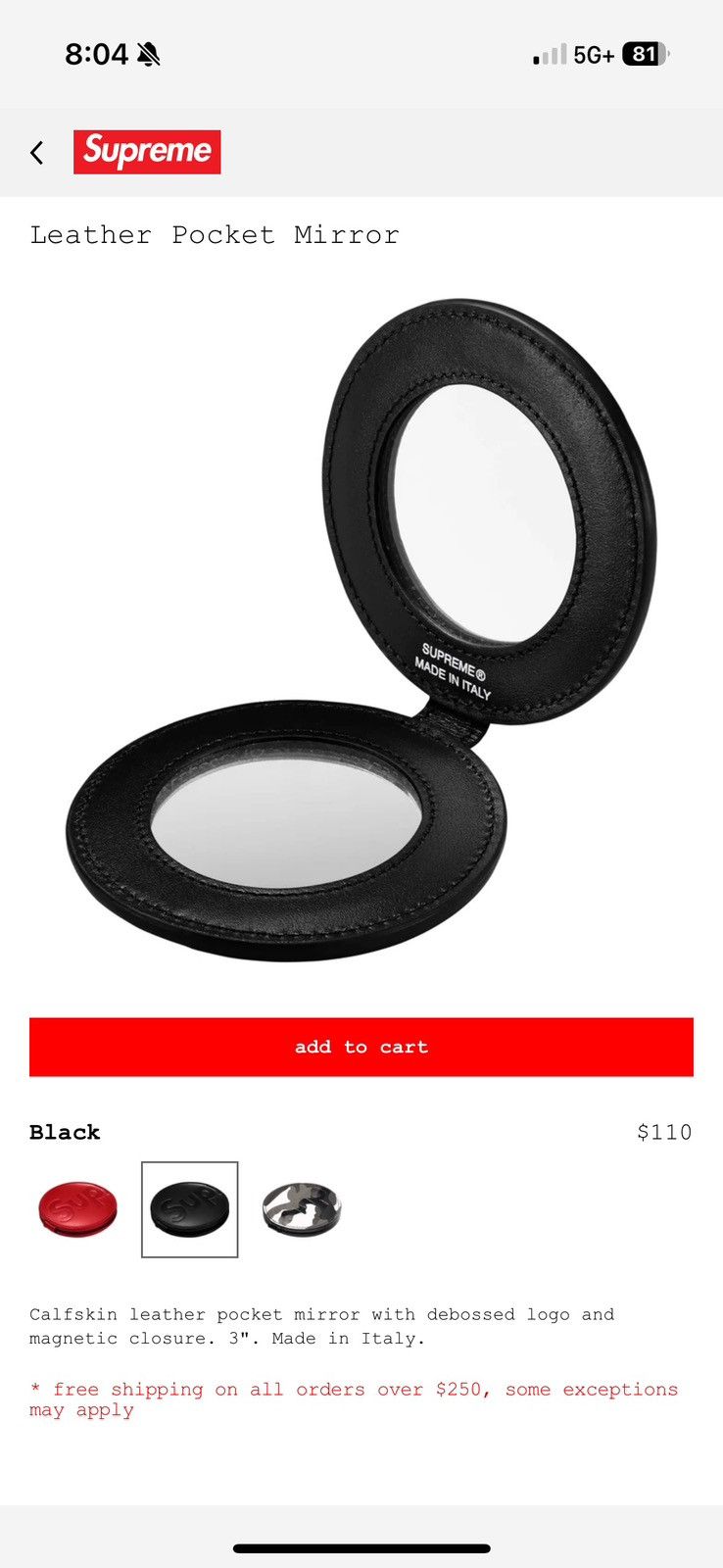 Supreme Leather Pocket Mirror ブラック Supreme Leather Pocket Mirror (SS25) - $110