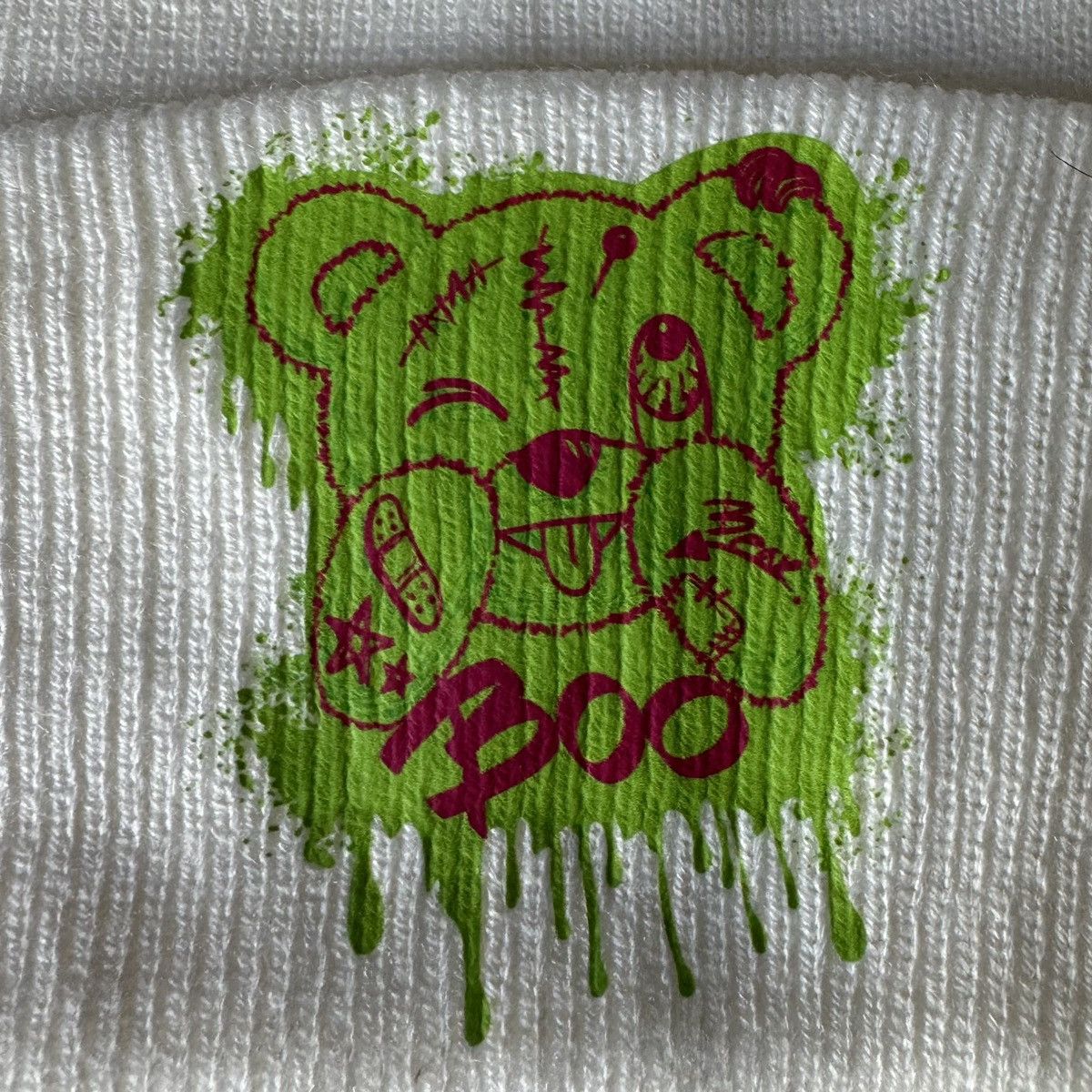 Aeropostale Upcycled, Neon Boo Bear, Knitted Ivory Beanie, Unisex Size ONE SIZE - 5 Thumbnail