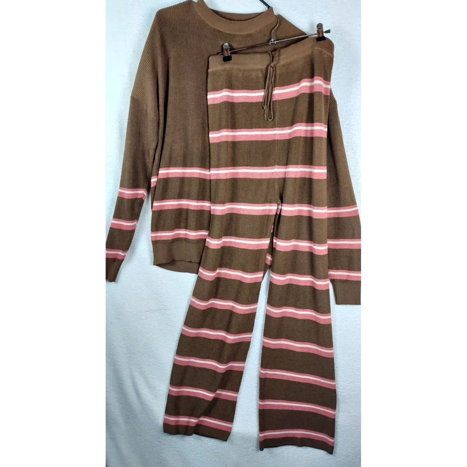 Vintage Pink Lily Lounge Set Womens Medium Brown Pink Stripe Knit Sweater Pants Size M / US 6-8 / IT 42-44 - 2 Thumbnail