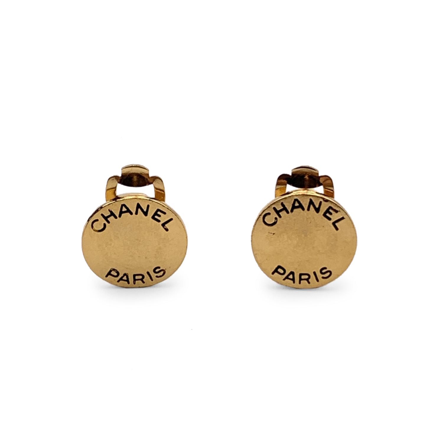 image of Chanel Paris Vintage Gold Metal Small Round Logo Clip On Earrings, Women's