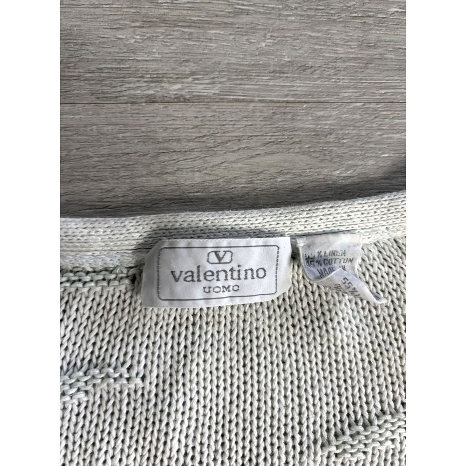 Valentino VINTAGE Valentino Uomo Cardigan Mens Large Green Linen Cotton Knit Geometric Open-Nit Button Front Lightweight V-Neck Size US L / EU 52-54 / 3 - 3 Thumbnail