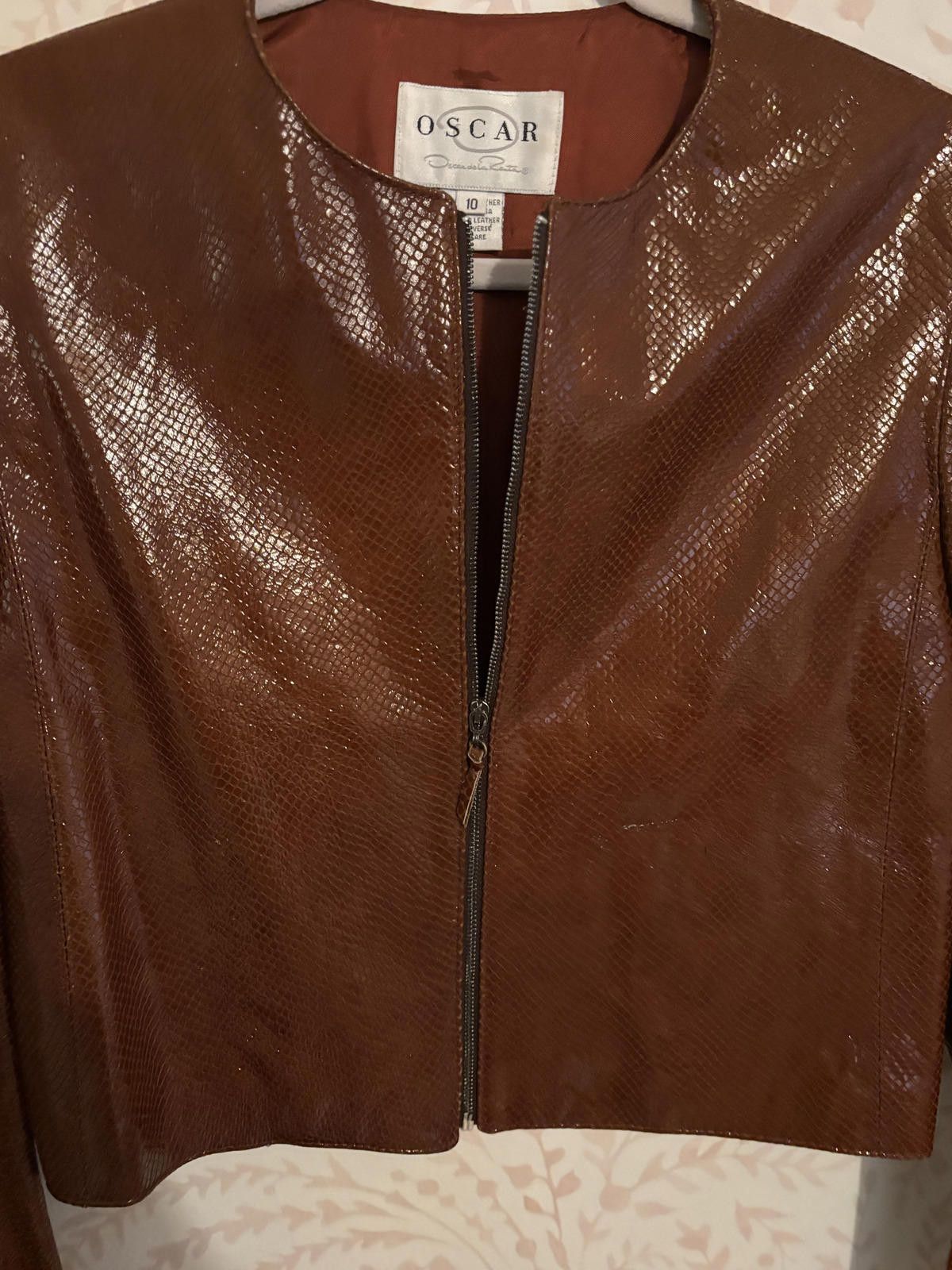 Oscar De La Renta Oscar de la Renta Brown Exotic Leather Zip-Up Jacket Size 10 Size L / US 10 / IT 46 - 2 Thumbnail
