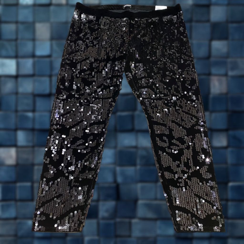 Express Express XL Pants Black Sequined Velour High Rise Pull On Size 40" / US 18 - 1 Thumbnail
