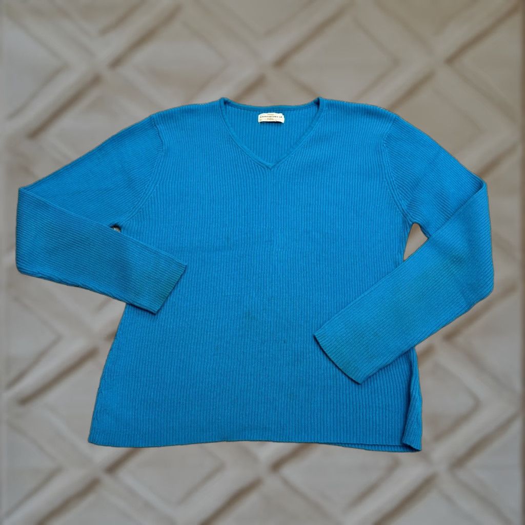 Vintage YarnWorks Pullover Sweater Women M Blue V-Neck Ribbed Knit Casual Classic Knitwear Size M / US 6-8 / IT 42-44 - 1 Thumbnail