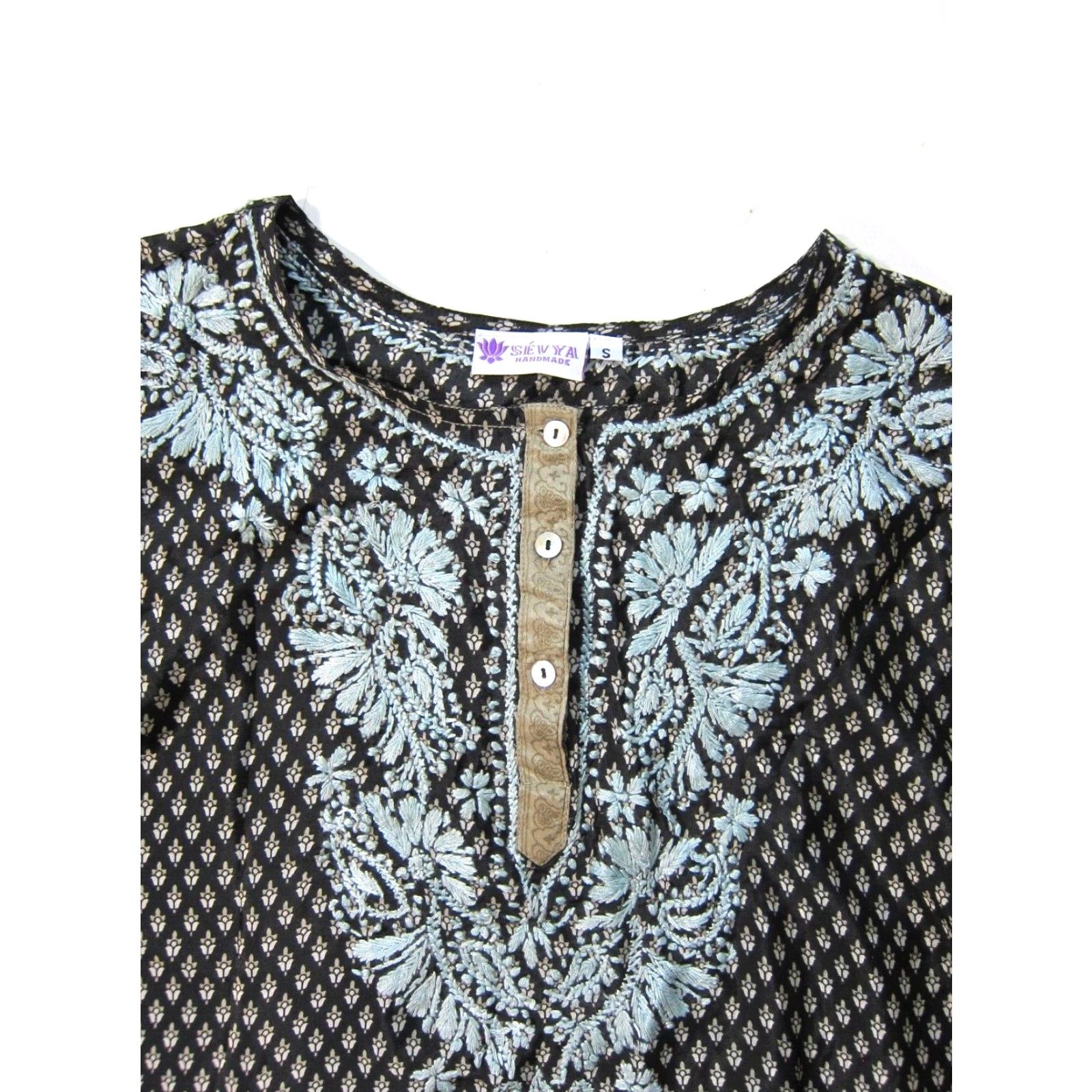 Vintage Sevya Silk Black Blouse S Women's Shirt Blouse Long Sleeve Embroidered Floral Tunic Kurta Black S Womens Size S / US 4 / IT 40 - 4 Thumbnail