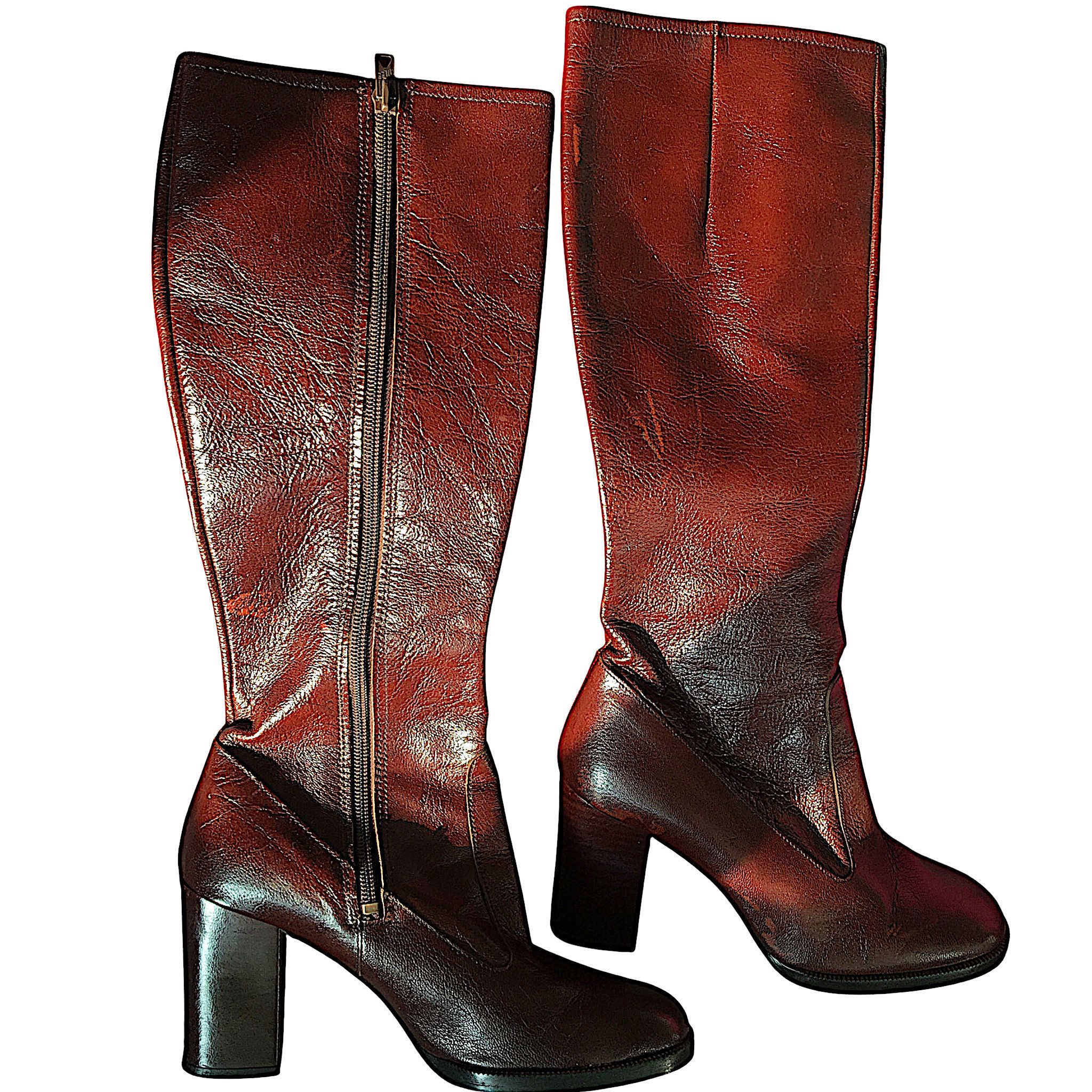 Vintage Burgundy Leather Boots - High Block Heel - France 70s Size US 6 / IT 36 - 6 Thumbnail