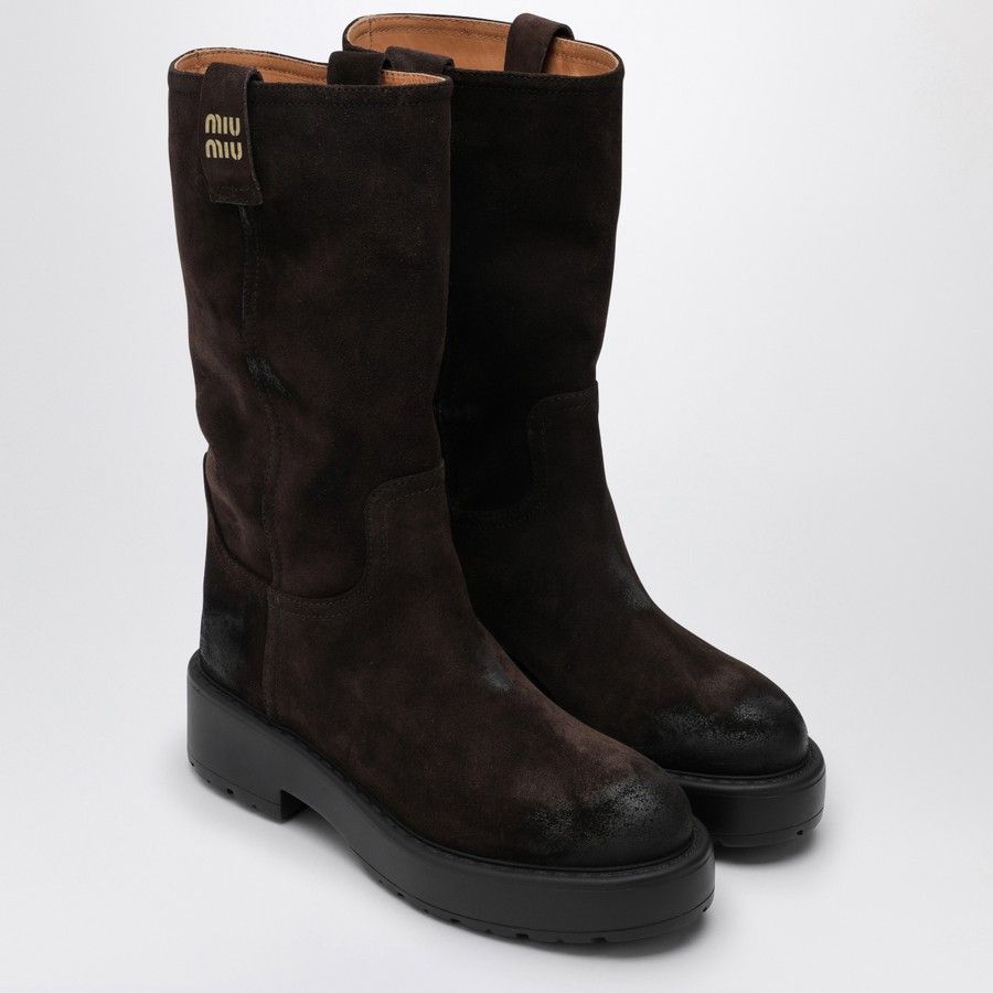 Miu Miu vo1d2blof0824 Suede Boots in Dark Brown Size US 10 / IT 40 - 2 Thumbnail