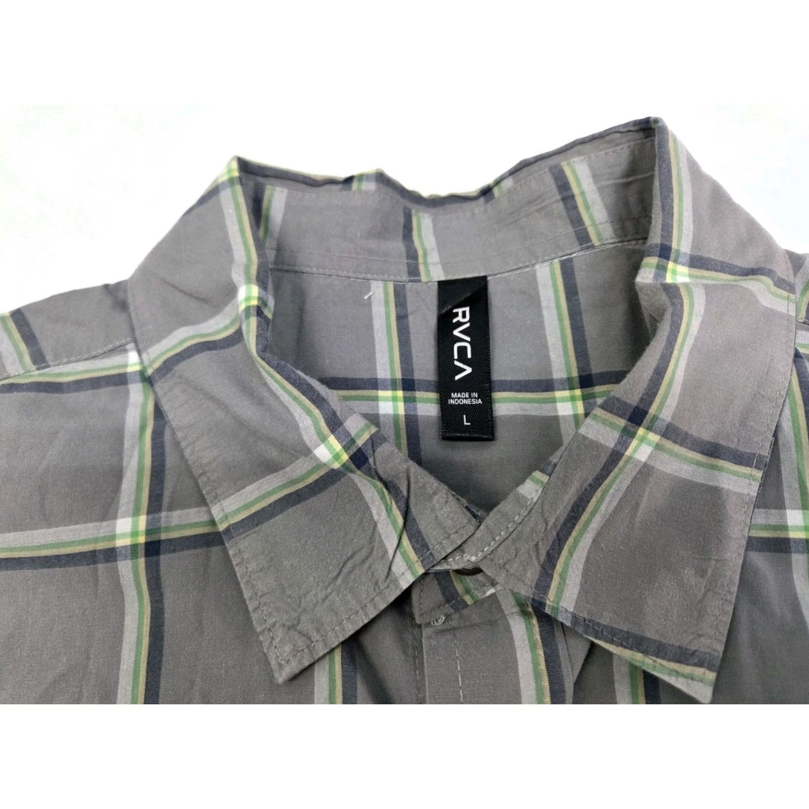 RVCA RVCA Mens Short Sleeve Snap Grey/Green Checkered Shirt Size Large Cotton #7791 Size US L / EU 52-54 / 3 - 2 Thumbnail