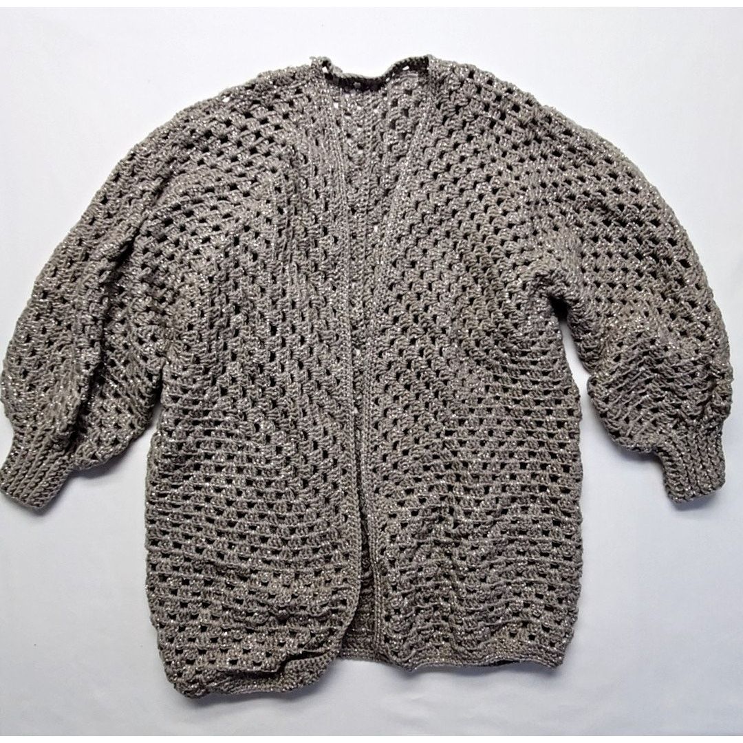 Handmade Knit Metallic Gray Cardigan Oversized L Crochet Open Sweater Size L / US 10 / IT 46 - 1 Thumbnail