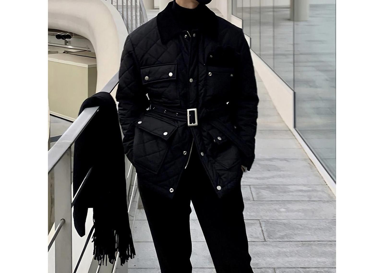 Vintage Black Quilted Belted Jacket, Men's Stylish Outerwear Size US M / EU 48-50 / 2 - 2 Thumbnail