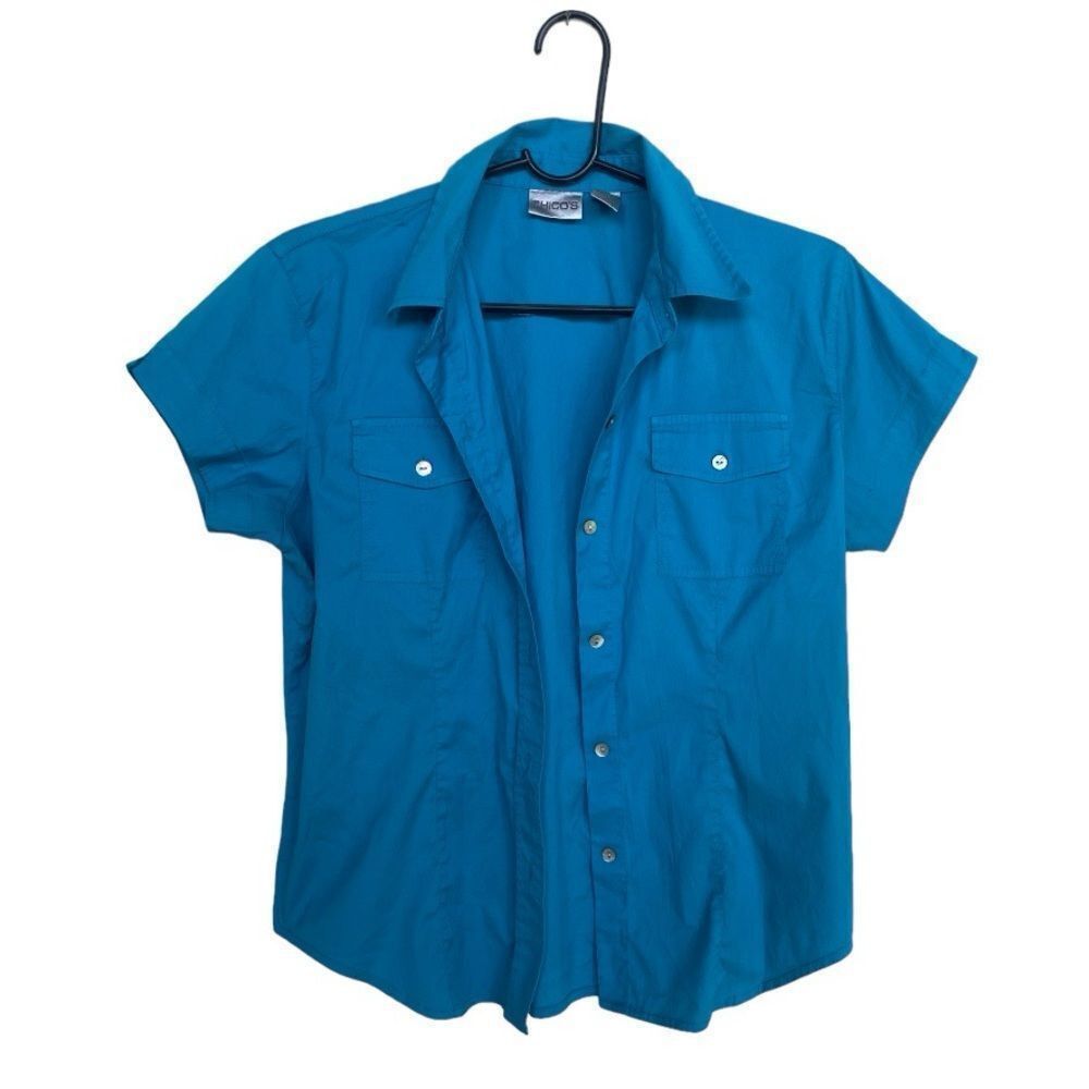 Chicos Chico’s Blue Short Sleeve Button Down Shirt Women’s Size 0 ( Size S / US 4 / IT 40 - 2 Thumbnail
