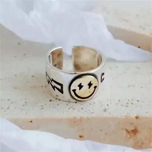 Jewelry Silver Smiley Face Adjustable Ring Size ONE SIZE - 2 Thumbnail