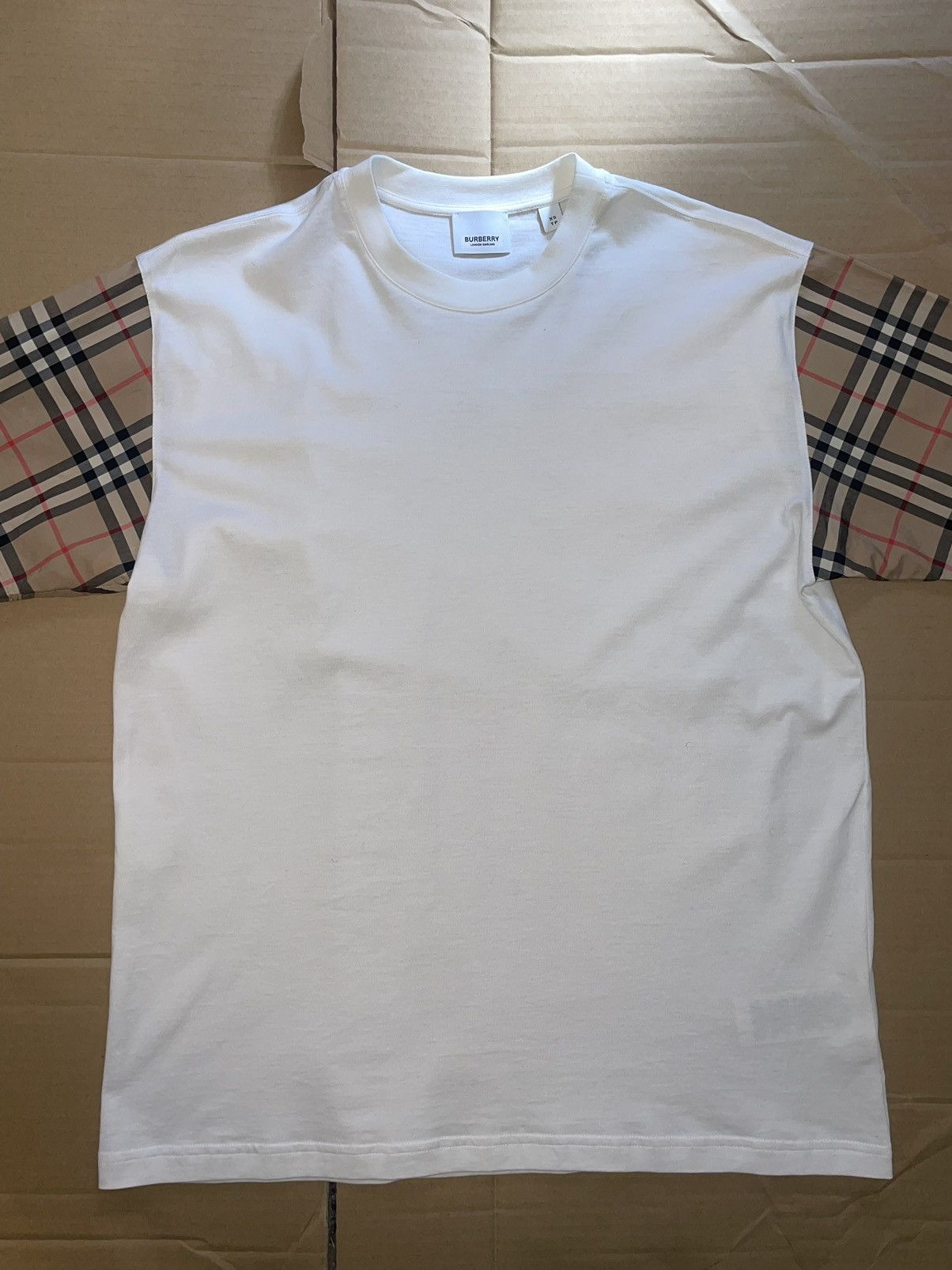 image of Burberry Check Sleeve Cotton T-Shirt in White, Men's (Size XS)