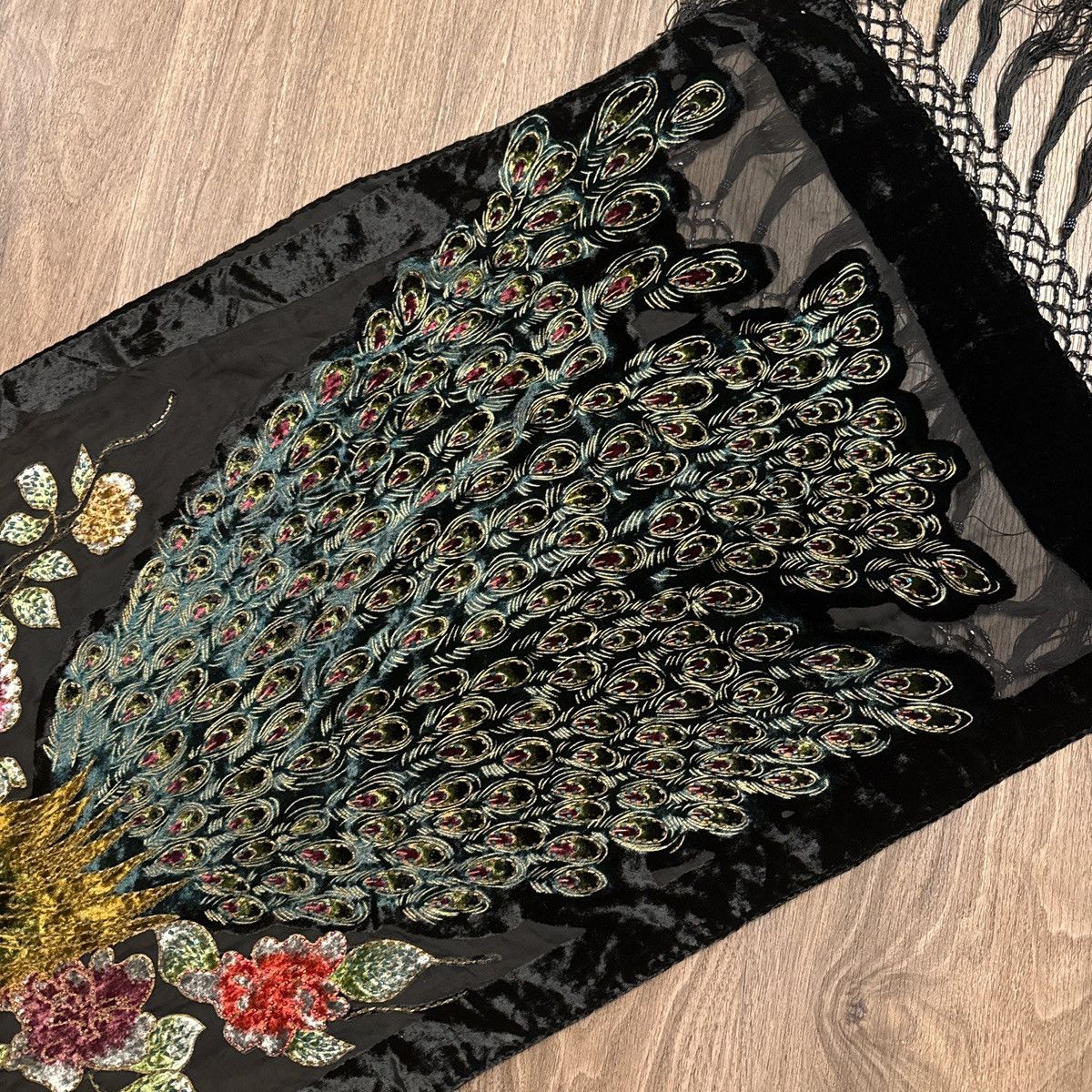 Vintage 100% silk, large fringe peacock, embroidered scarf Size ONE SIZE - 3 Thumbnail