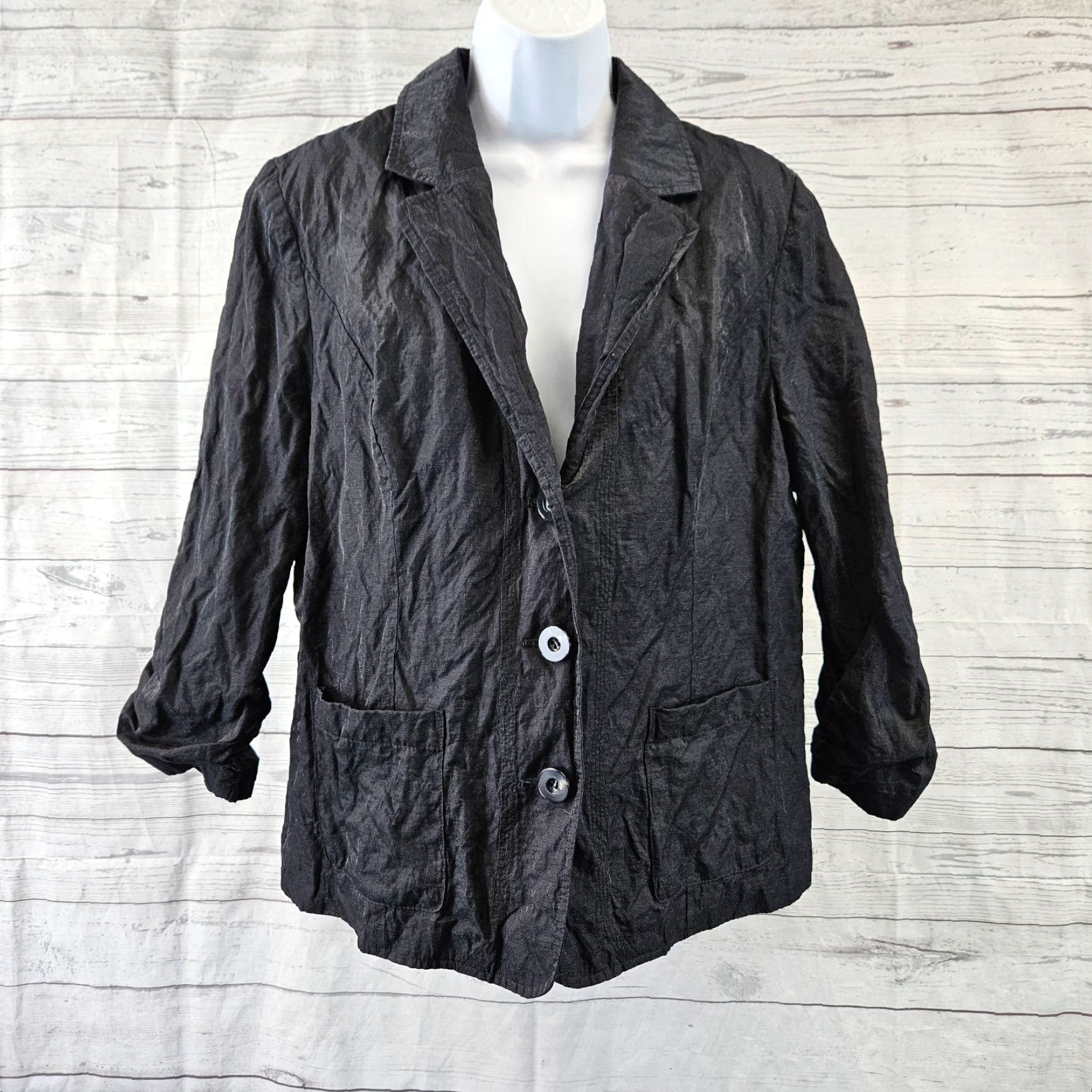 Vintage Chico's Women's Jacket L Black Solid Cotton Blend Button Front 3/4 Sleeve Adult Womens Size L / US 10 / IT 46 - 2 Thumbnail