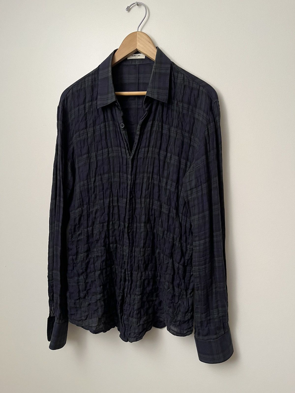 image of Vintage Helmut Lang Textured Flannel Shirt in Navy, Men's (Size Medium)