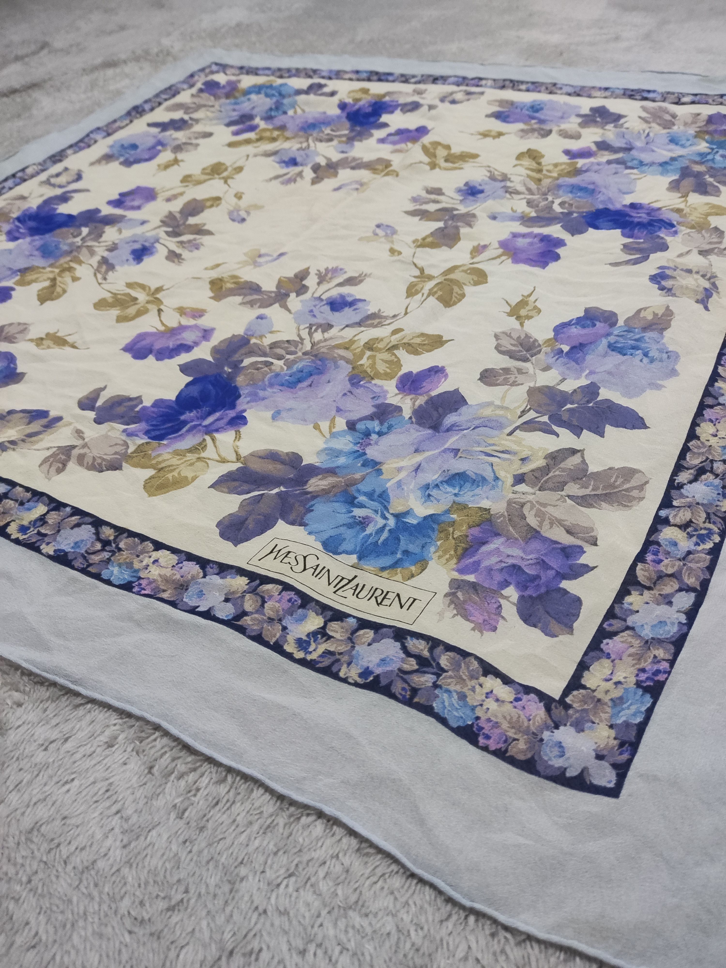 Yves Saint Laurent Yves Saint Laurent Silk Floral Scarf Blue/Purple Roses Size ONE SIZE - 1 Thumbnail