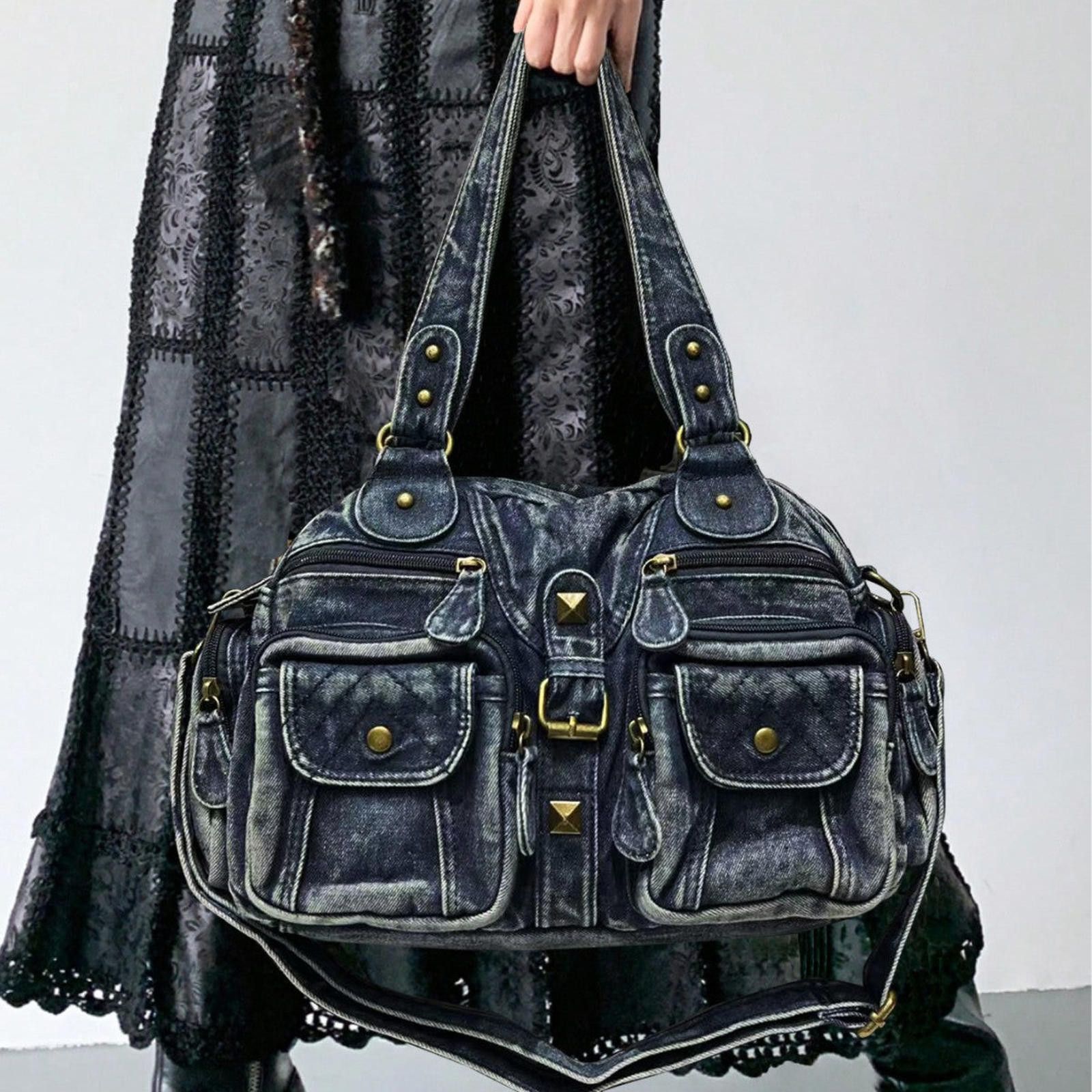 Vintage Black Vintage Style Denim Handbag with Multiple Pockets Size ONE SIZE - 1 Thumbnail
