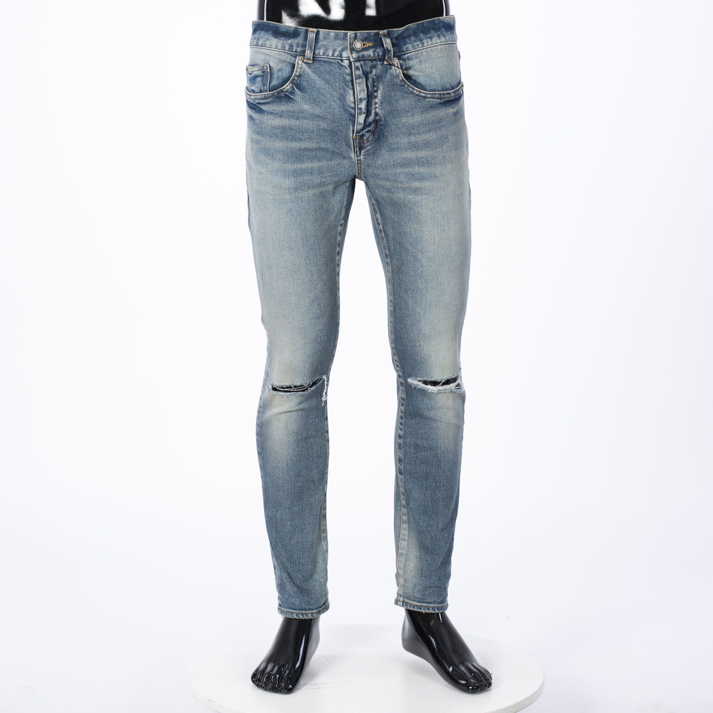 image of Saint Laurent Paris Skinny Jeans In Blue Stretch Denim With Destroyed Knees, Men's (Size 33)