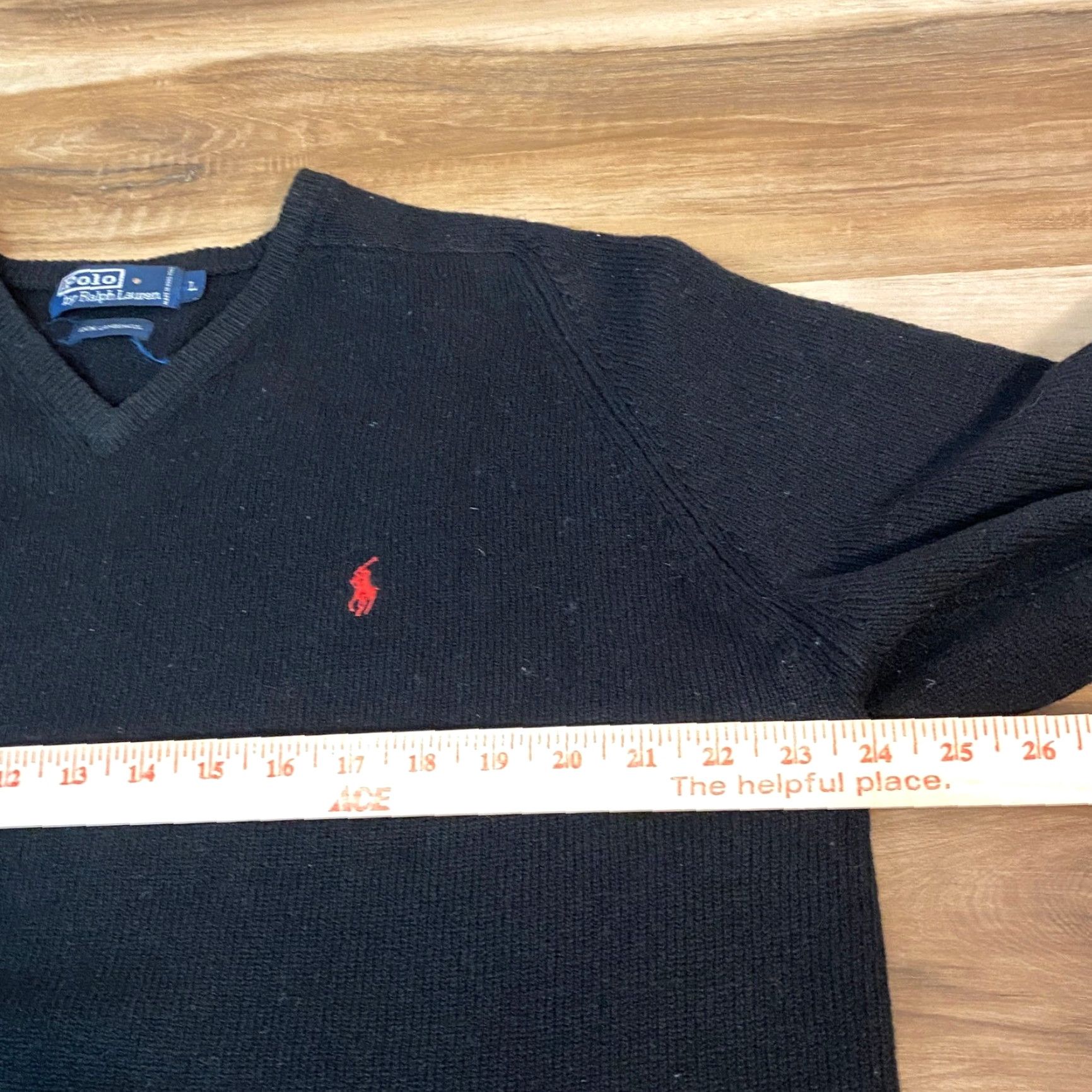 VINTAGE Polo Ralph Lauren Sweater Shirt Mens L Black Polo Ralph Lauren 100% Lambswool V-Neck Red Pony