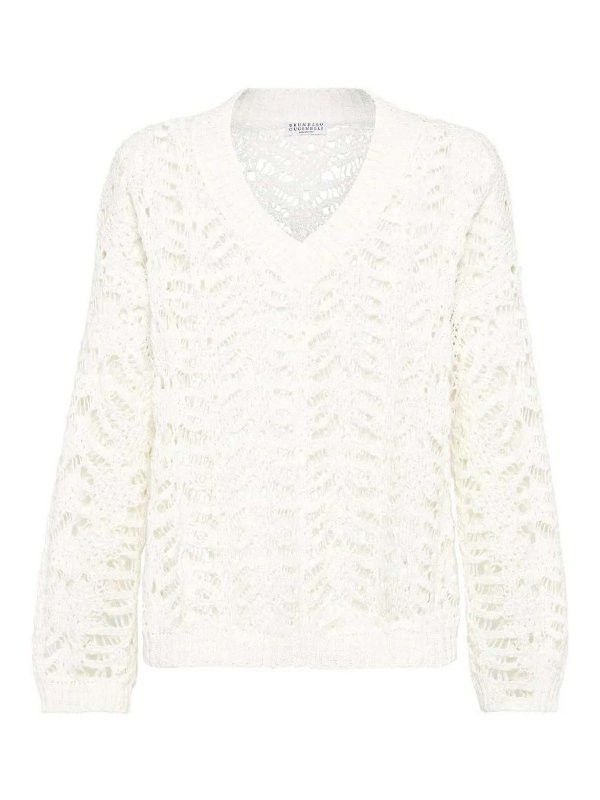 Brunello Cucinelli o1la1rc1a0326 V-Neck Sweater in White Size M / US 6-8 / IT 42-44 - 1 Thumbnail