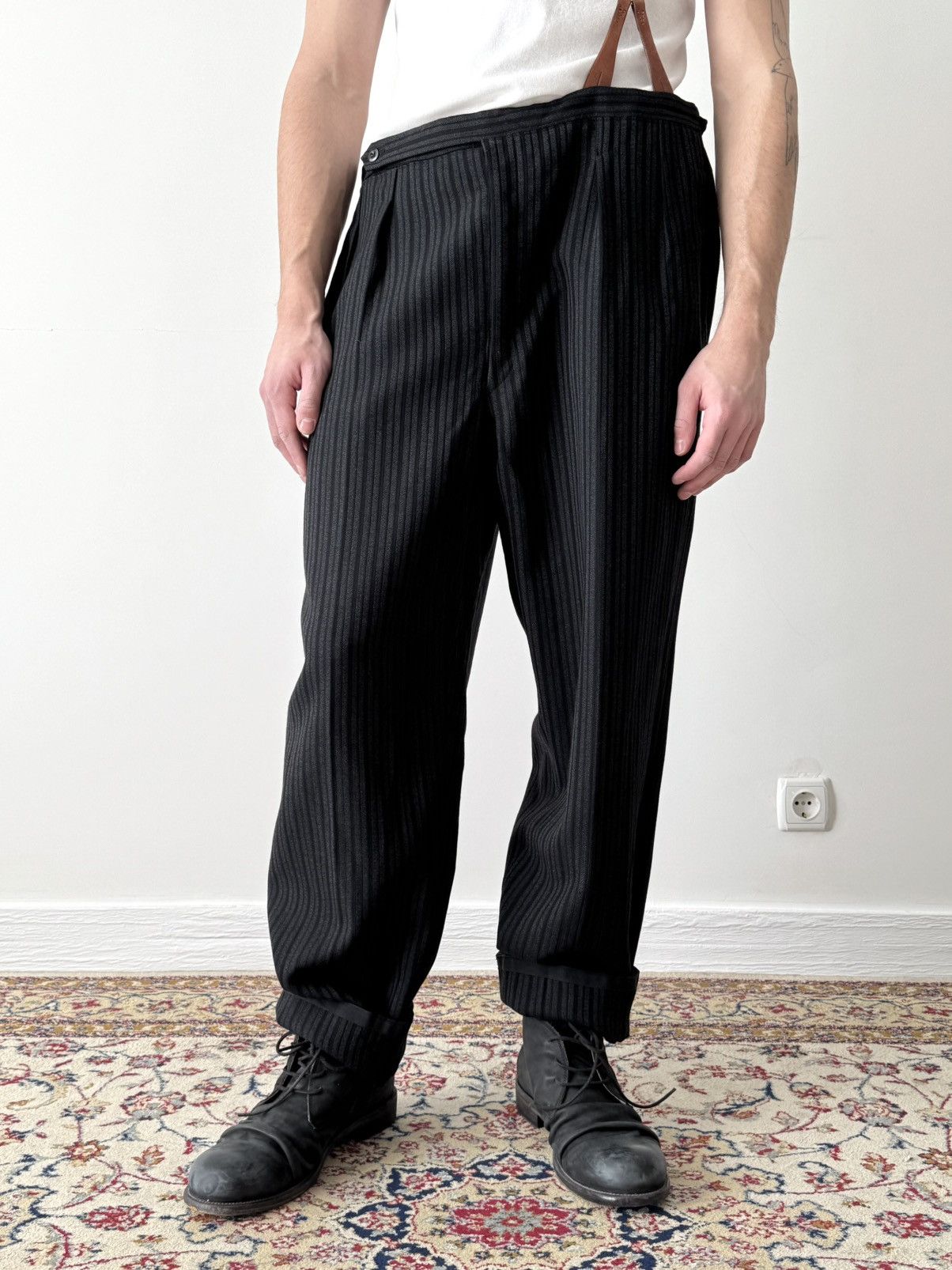 ≈1950s European Style Suspender Gabardine Striped Trousers