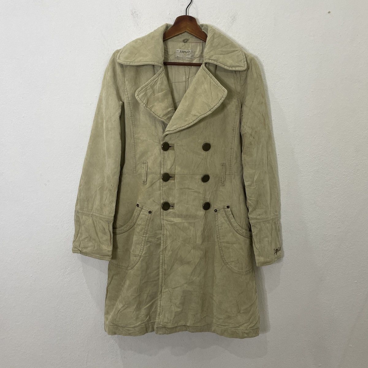 image of Vintage Replay Corduroy Trench Coat Jacket in Brown, Women's (Size Large)
