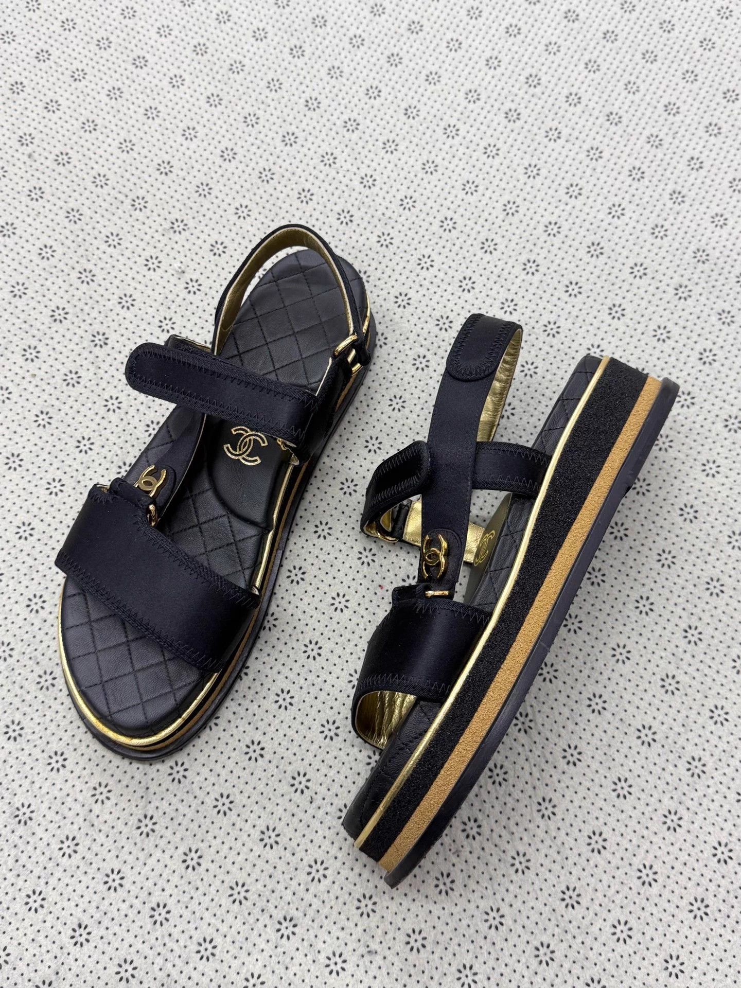 Chanel Chanel Black Gold Velcro Sandals 38.5 Size US 7.5 / IT 37.5 - 1 Thumbnail