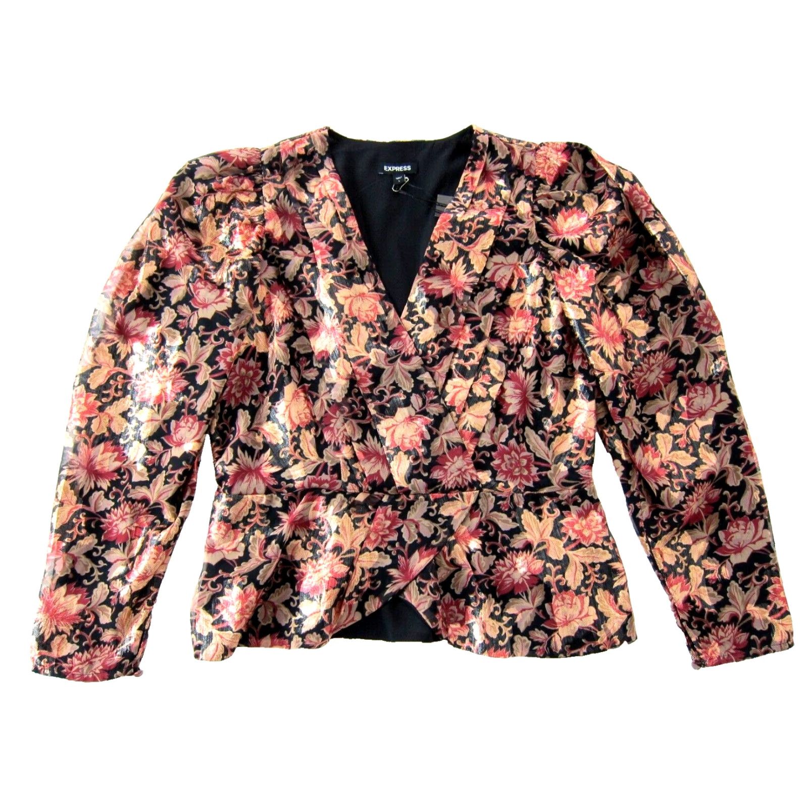 Express NWT EXPRESS Blouse Express Black Pink Metallic Gold V-Neck Long Sleeve Wrap Large Pink Floral Blouse Women Size L / US 10 / IT 46 - 2 Thumbnail