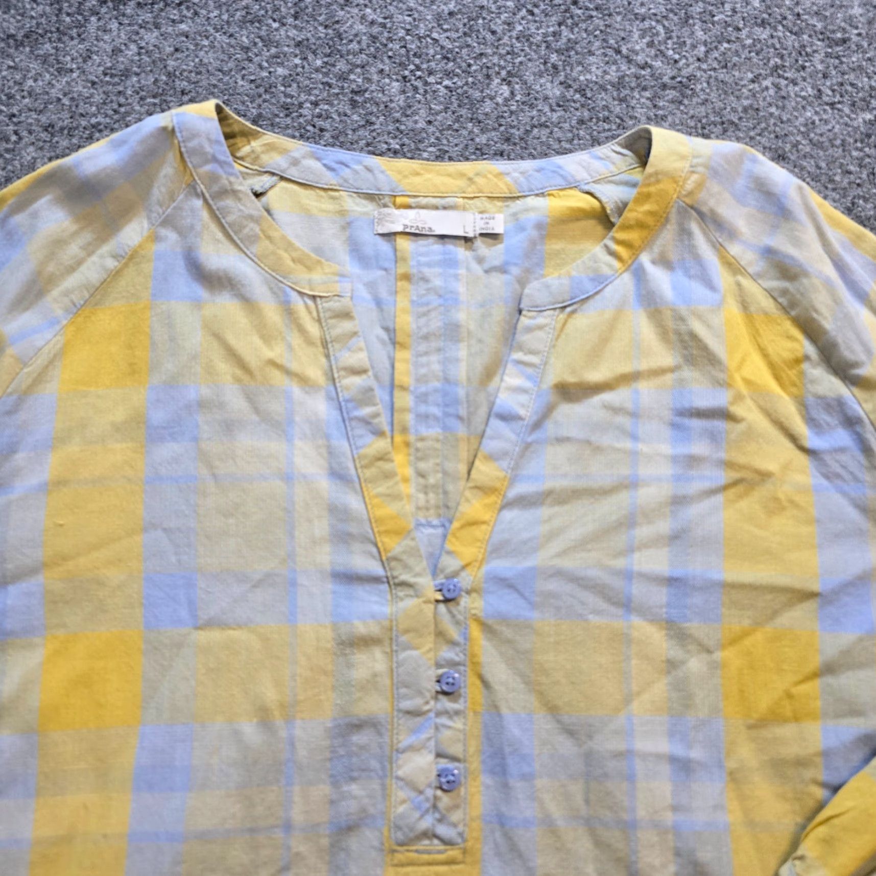 Prana prAna Top Womens L Yellow Gray Plaid Long Sleeve 1/4 Button Popover Casual Shirt Blouse Womens Size L / US 10 / IT 46 - 2 Thumbnail