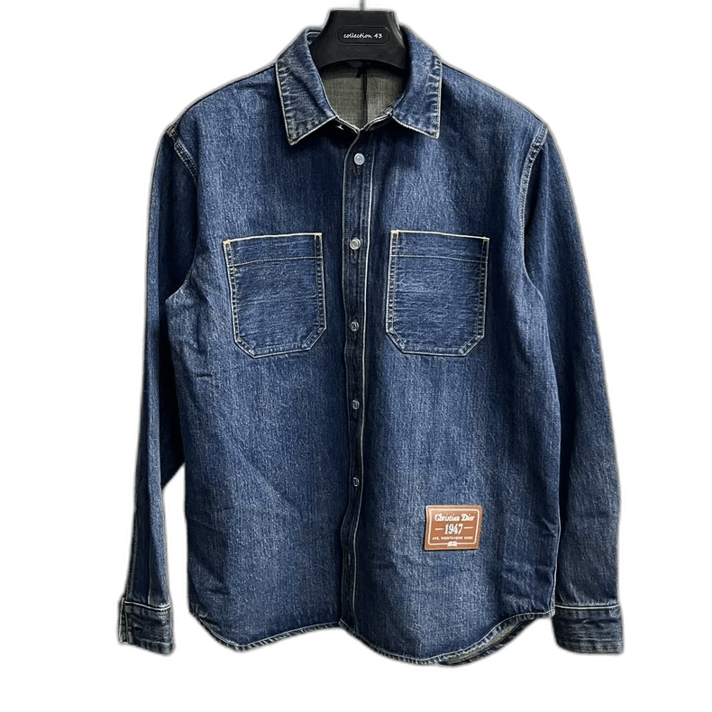 dior denim Blue solid color logo label lapel single-breasted long