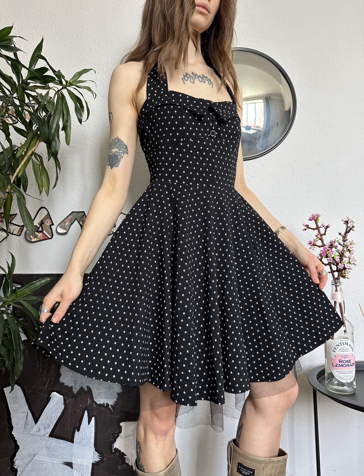 Vintage Polka Dot Halter Pin-up Coquette Midi Trending Dress 00s Size S / US 4 / IT 40 - 2 Thumbnail