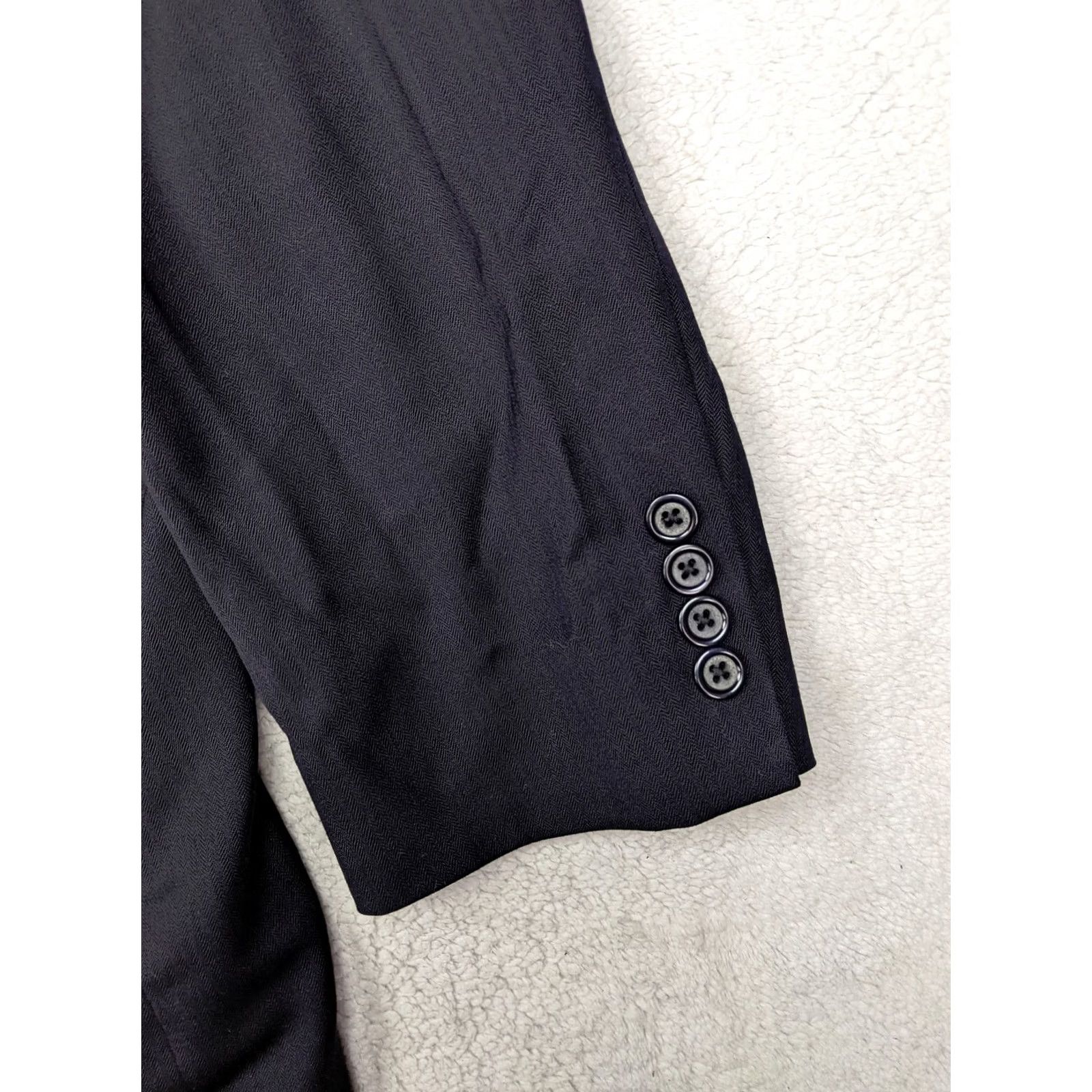 Stafford Stafford Blazer Jacket Navy Blue Herringbone Wool 44L 2 Button Notch Lapel Mens Regular Long Jacket Size 44R - 2 Thumbnail