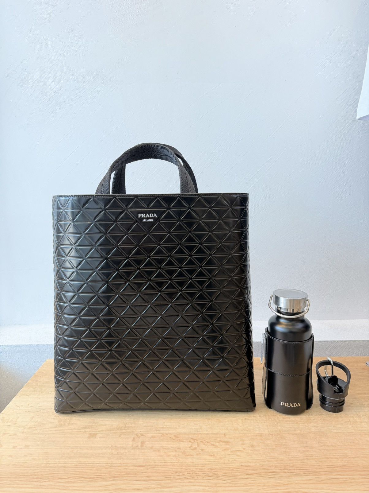 Prada PRADA Tote Bag Water Bottle Leather Black Triangle Pattern Size ONE SIZE - 1 Thumbnail