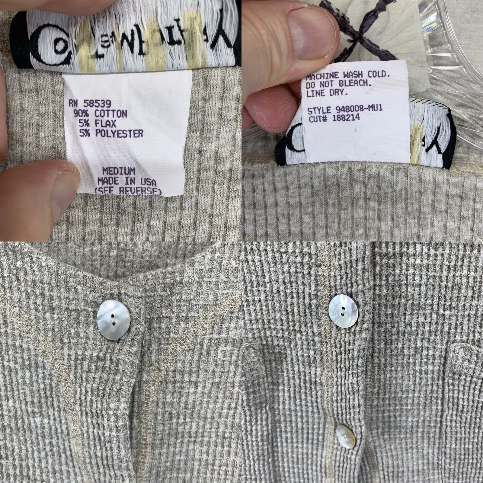 FLAX VINTAGE Contemporary Life Button-Up Top Casual Women Regular M Beige Knit Pockets 80s 90s Nature Subtle Textured Pearl Buttons Long Sleeve Round Neck Size M / US 6-8 / IT 42-44 - 8 Thumbnail